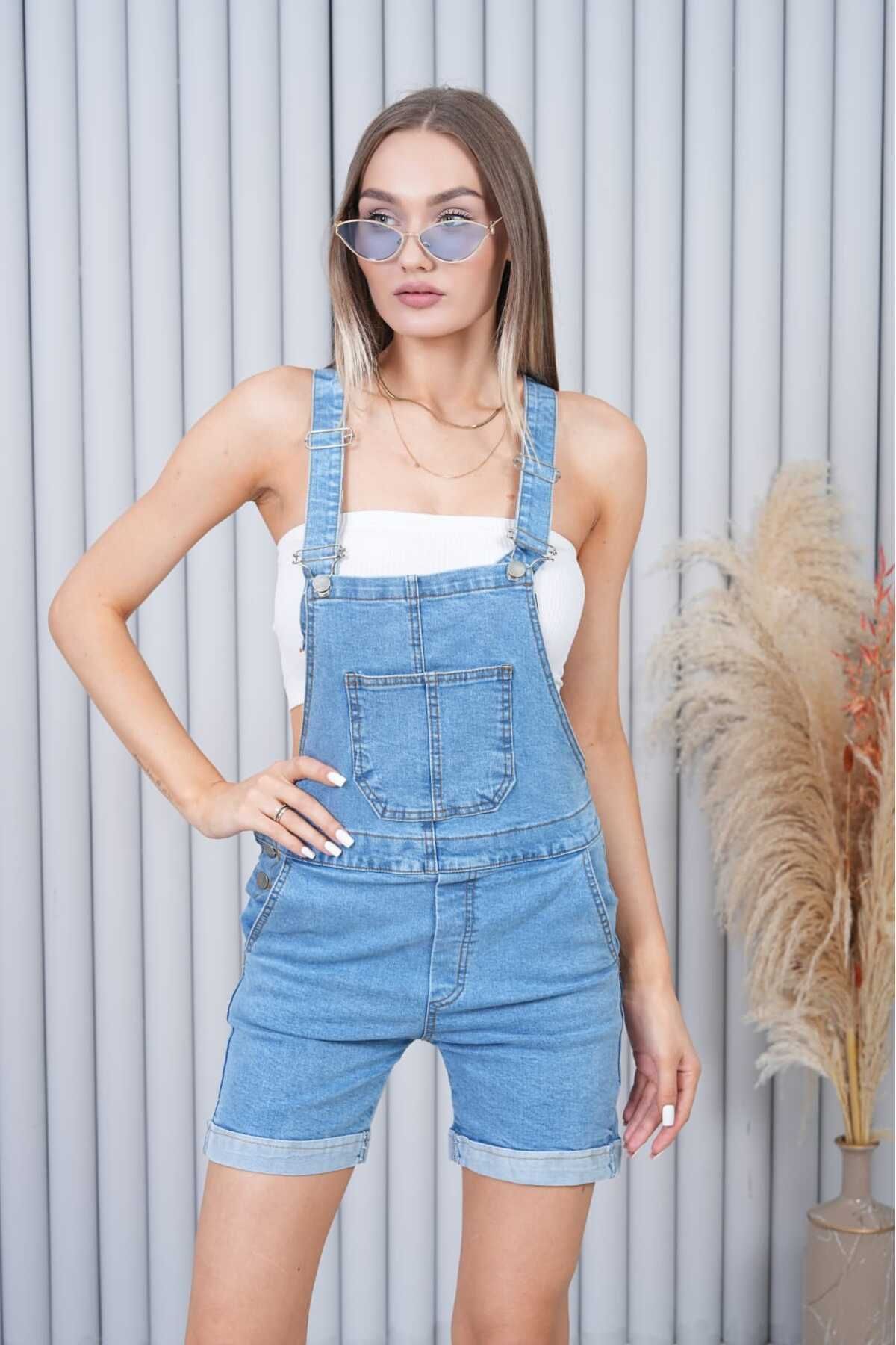 SOPHİA STAR Şortlu Salopet Tulum Açık Mavi