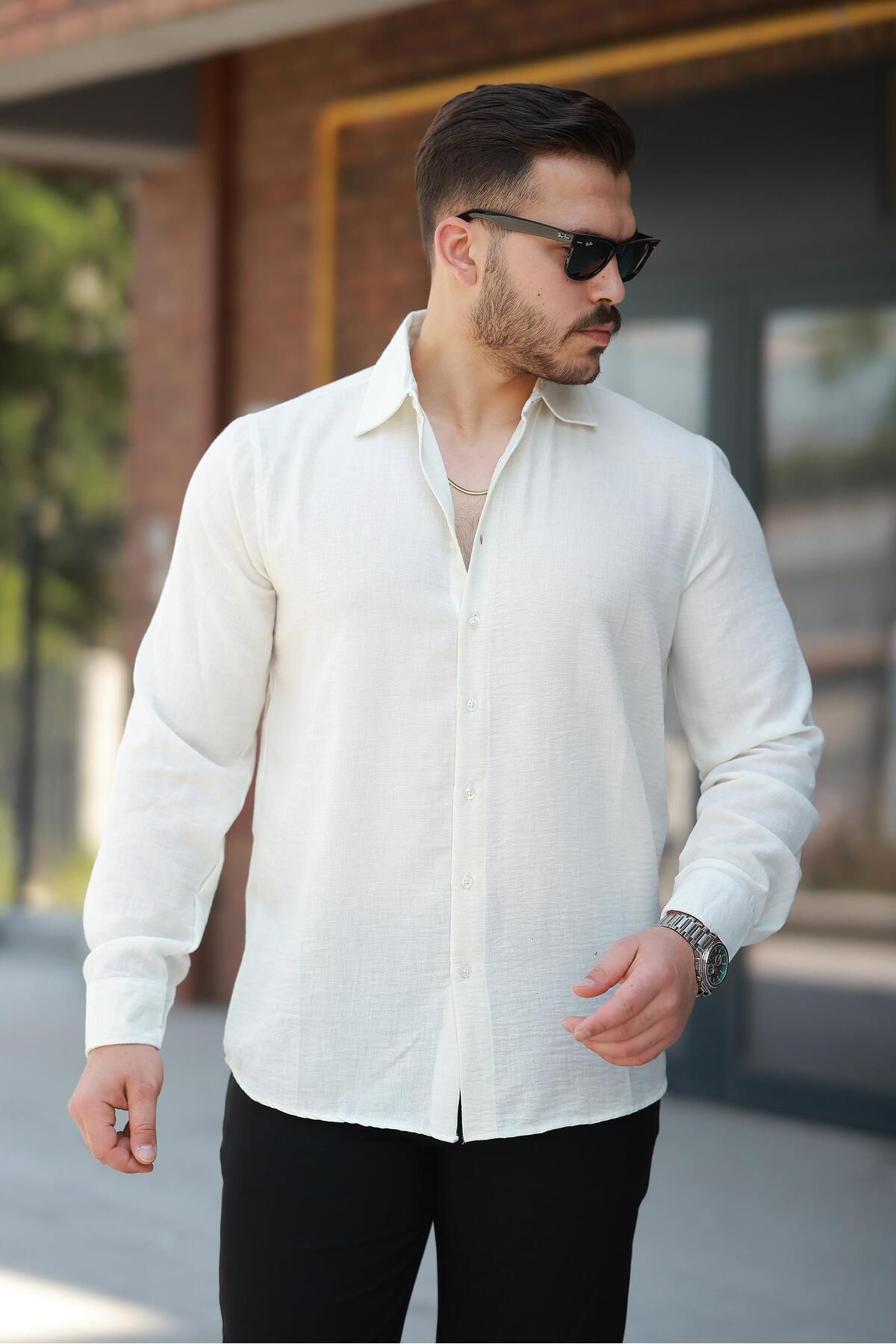 Miron Ekru Düz Uzun Kollu Regular Fit Gömlek- 2526