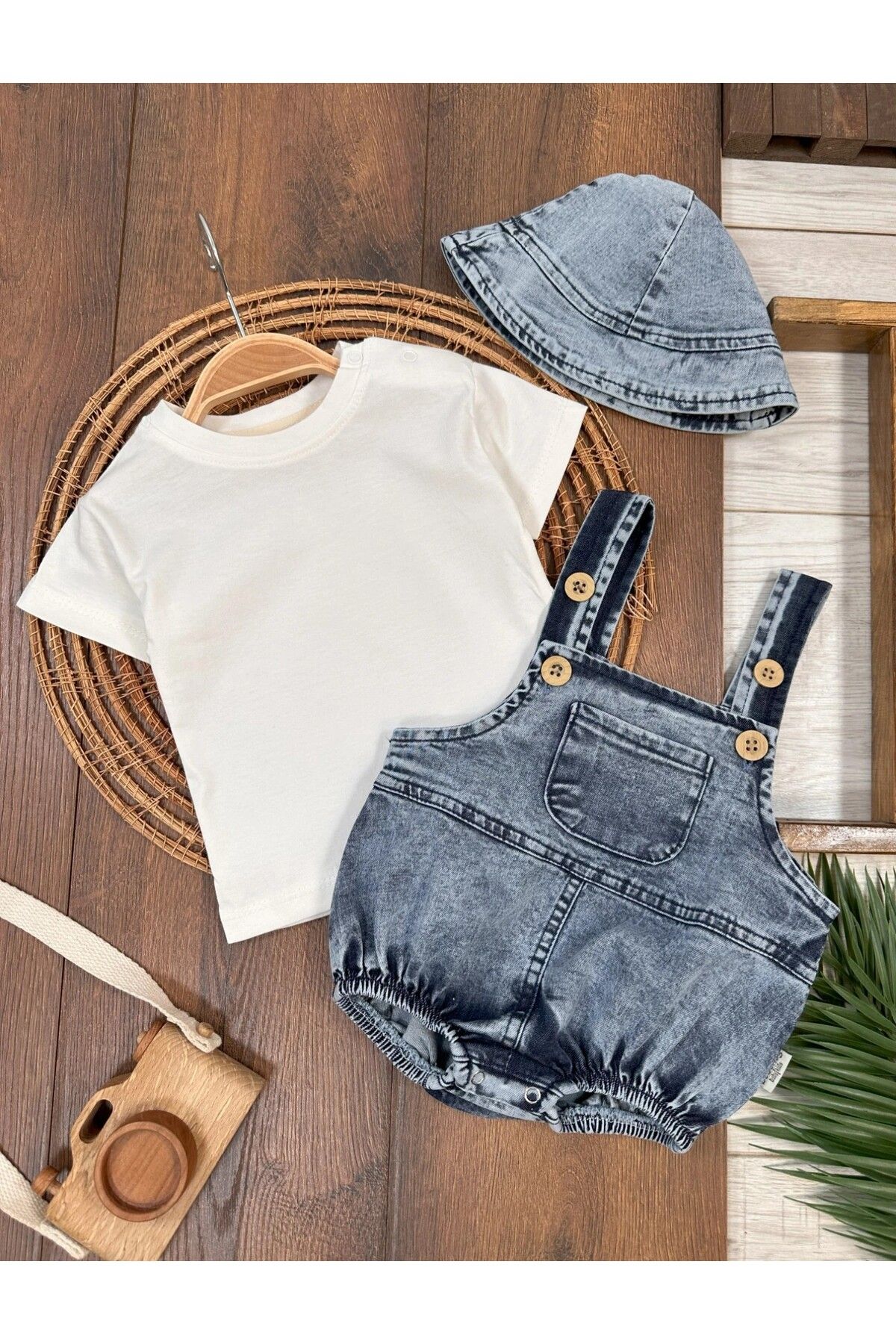 Adda Baby Kot Salopet Şapkalı Alttan Çıtçıtlı Denim Likralı 3lü Yazlık Unisex Bebek Takım