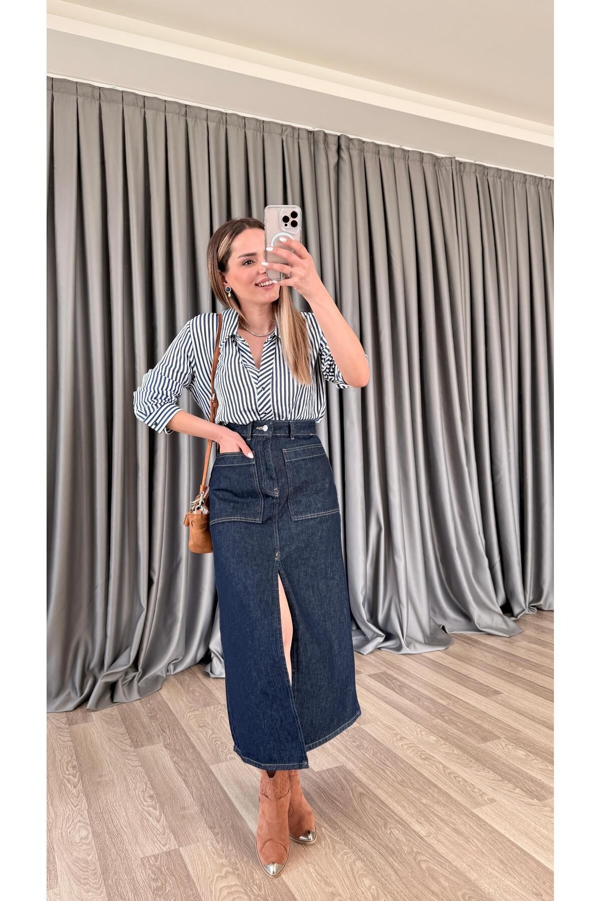 pelin yıldız butik Bella Yırtmaçlı Denim Etek