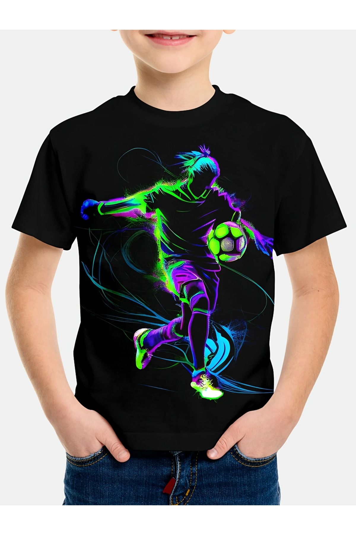aynewmoda Erkek Çocuk İnsan Futbolu Baskılı Tişört, Yuvarlak Yaka Polyester Üst