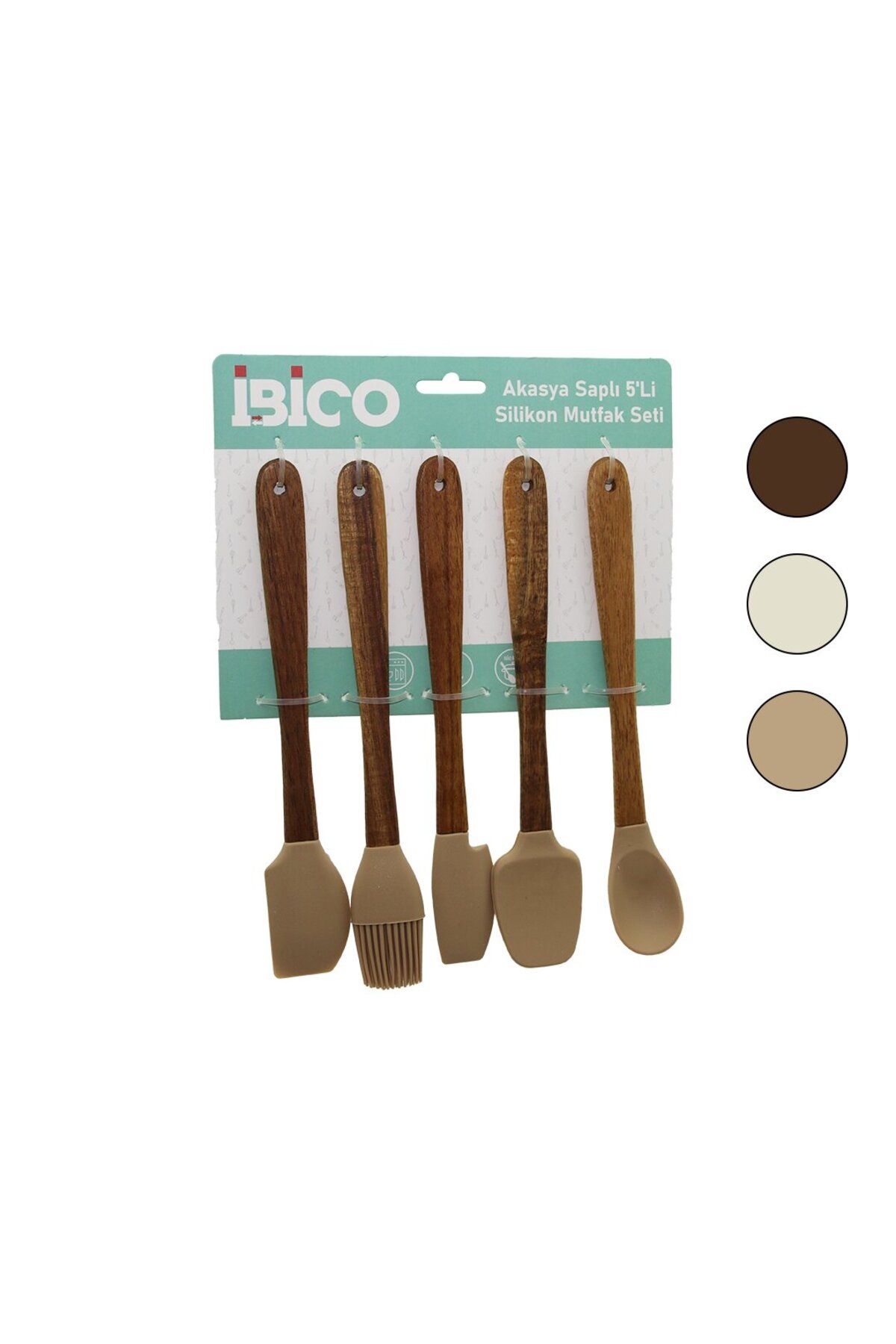 ibico İBİCO 5 Lİ MİNİ=21CM (RENKLİ SİLİKON) MUTFAK SETİ SPATULA - YUMURTA FIRÇASI - KAŞIK) AKASYA SAPLI