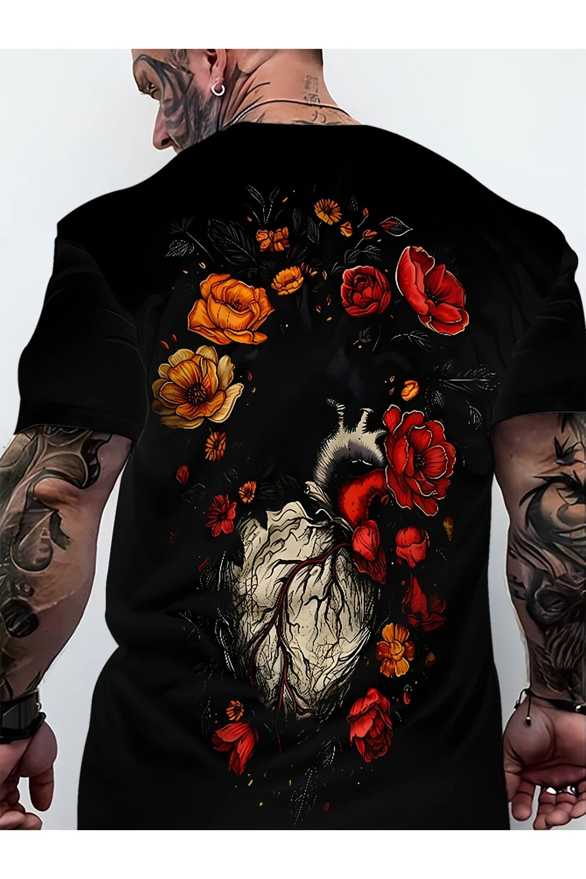 aynewmoda Erkek Moda 3D Kalp ve Çiçek Baskılı Kısa Kollu Mürettebat Yaka Tişört,
