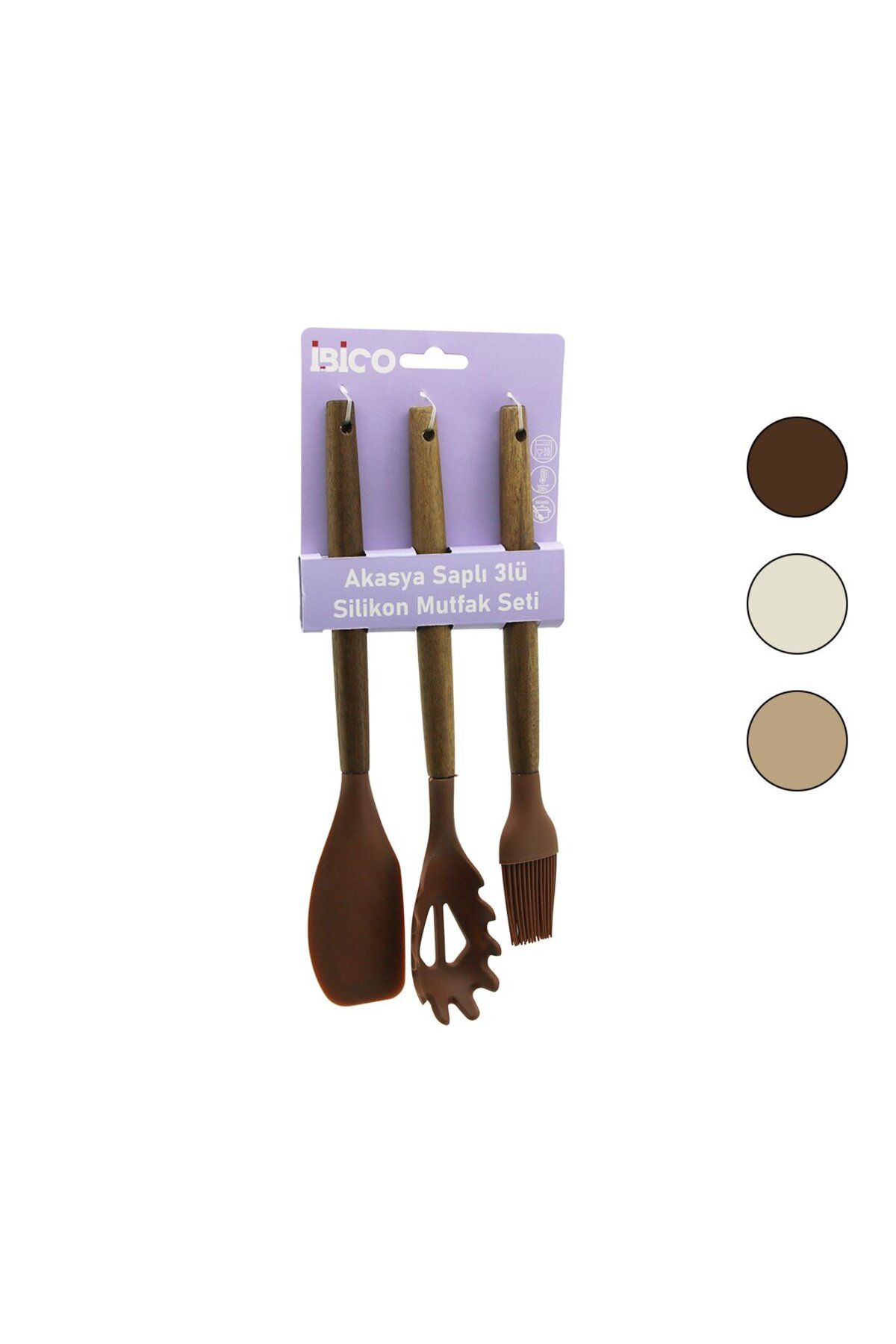 ibico İBİCO 3 LÜ RENKLİ SİLİKON AHŞAP AKASYA SAP MUTFAK SETİ YUMURTA FIRÇASI & MAKARNA KAŞIK SPATULA 30CM