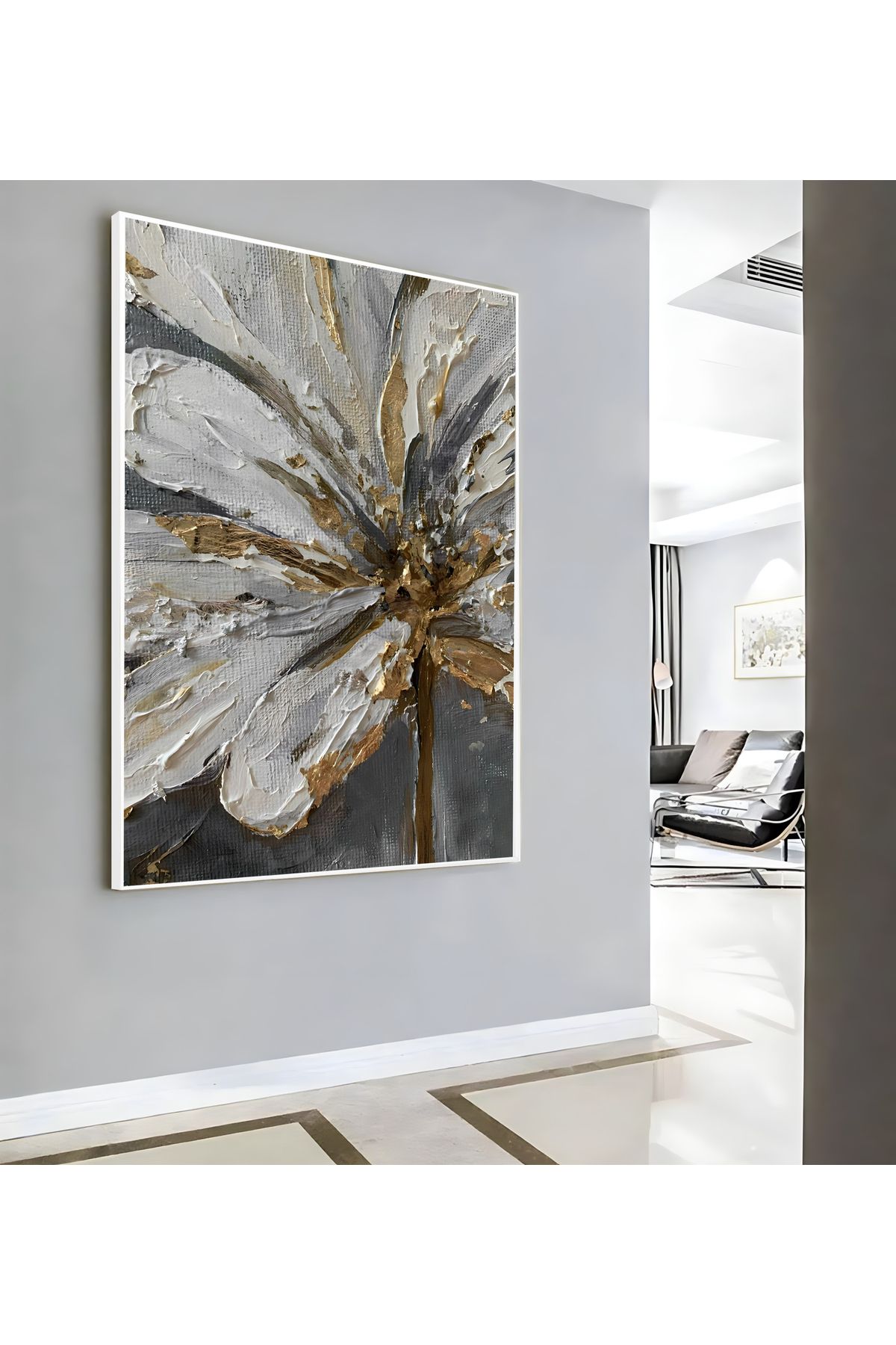 Harikabirev HARİKABİREV|GOLD GRİ SOYUT ÇİÇEK MODELİ ( CKD-144) |ÇERÇEVELİ KANVAS TABLO CKDİKEY
