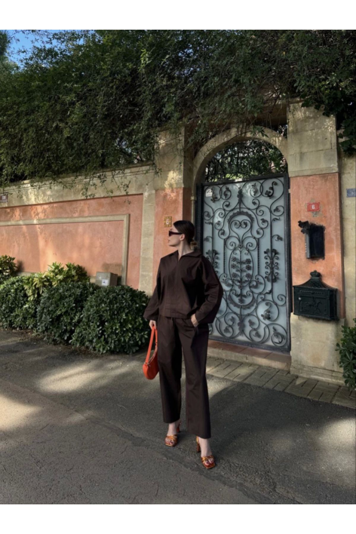 Eserden Uzun Kollu Yakalı Gömlek Pantalon Takım- Kahverengi
