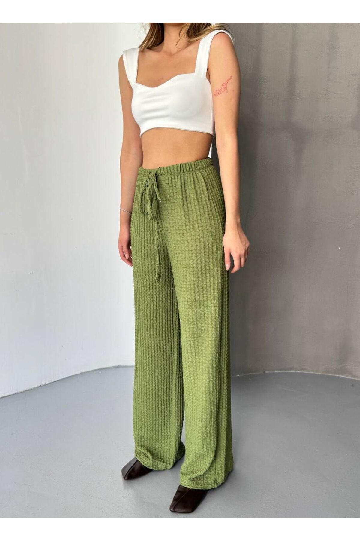 Love Womenx YÜKSEK BEL FİTİLLİ BELİ LASTİKLİ YAZLIK KADIN PANTOLON HAKİ2