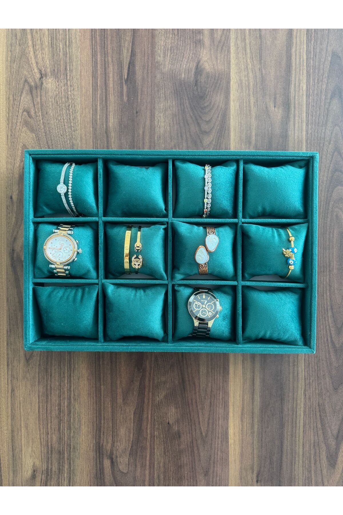Homebiente Süet Kumaş Yeşil 12 Yastıklı Takı ve Saat Kutusu – 34x24 cm Çekmece İçi Organizer