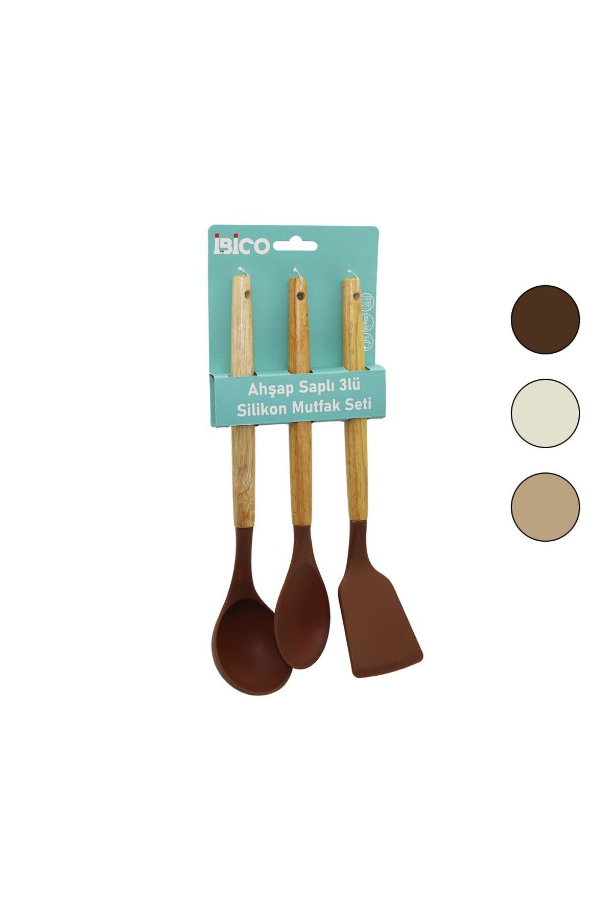 ibico İBİCO 3 LÜ RENKLİ SİLİKON AHŞAP VE BAMBU SAPLI MUTFAK SETİ KEPÇE & KAŞIK & SPATULA 30CM
