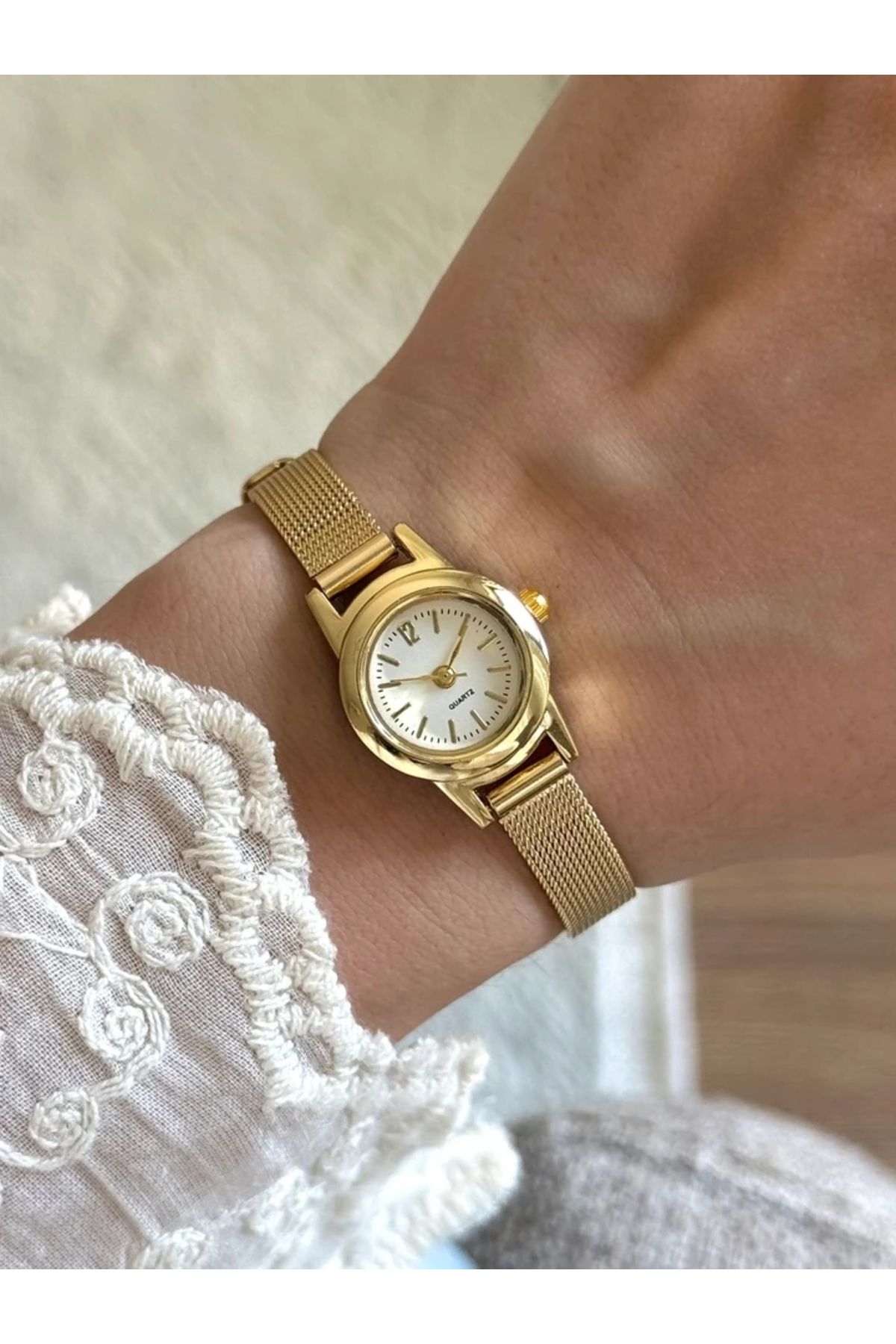 RoseandRoses Dotline Özel Tasarım Hasır Kordon Vintage Kadın Kol Saati Gold (Beyaz Kadran)