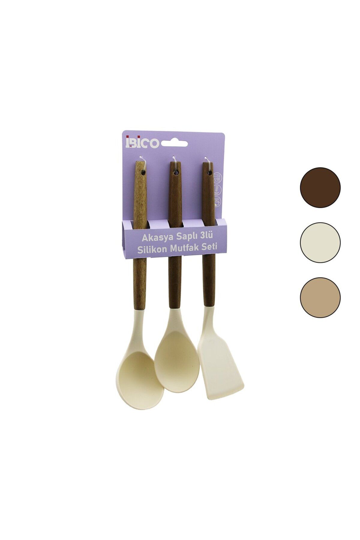 ibico İBİCO 3 LÜ RENKLİ SİLİKON AHŞAP AKASYA SAPLI MUTFAK SETİ ( KEPÇE & KAŞIK & SPATULA ) ( 30CM )