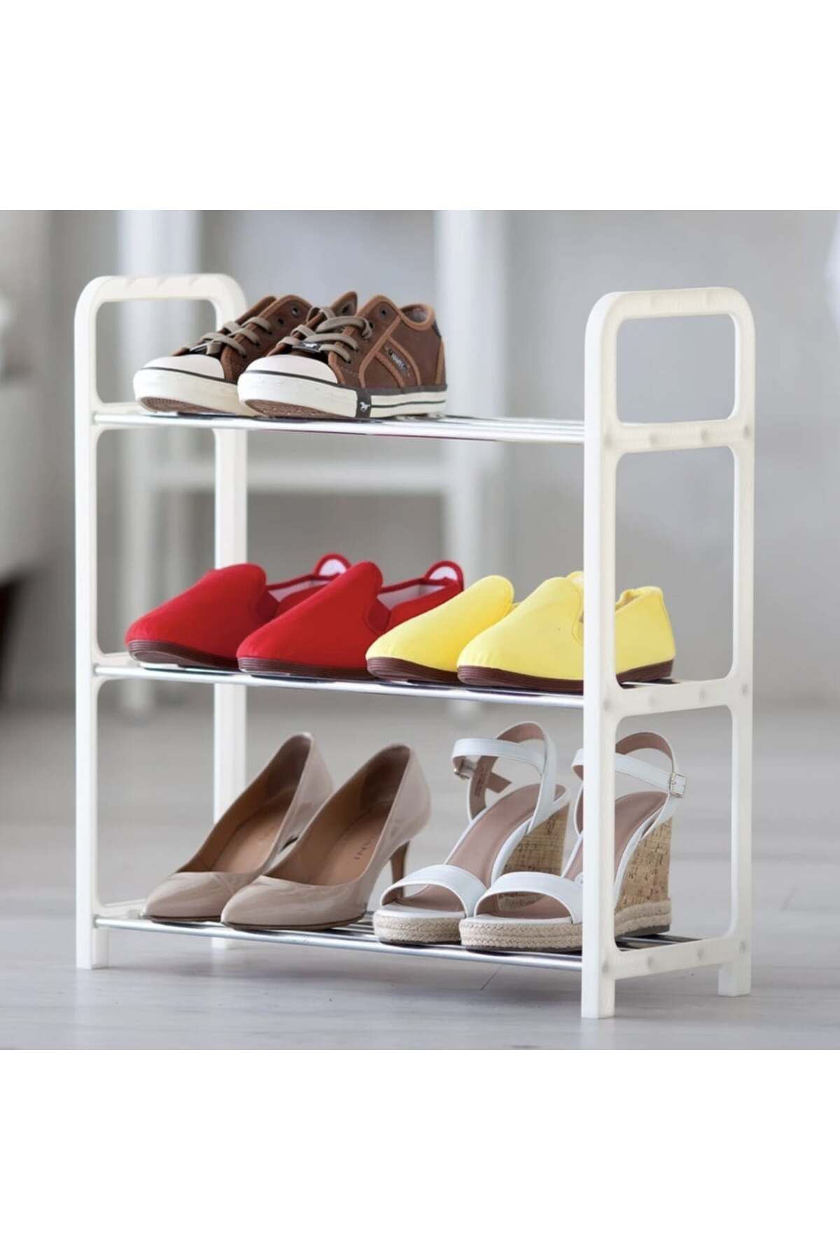 PUFO-Suport pentru pantofi cu 3 rafturi, pliabil, 45 cm, alb 3