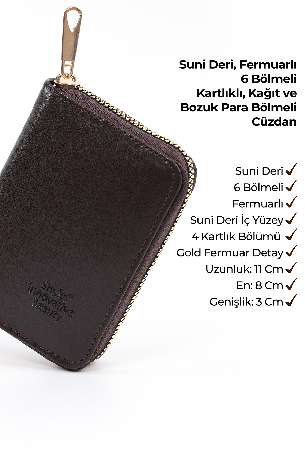 SHAKA Kahve Rengi SHK63 Kartlıklı Bozuk Para Ve Kağıt Para Bölmeli Fermuarlı Şık Suni Deri Cüzdan görsel 7
