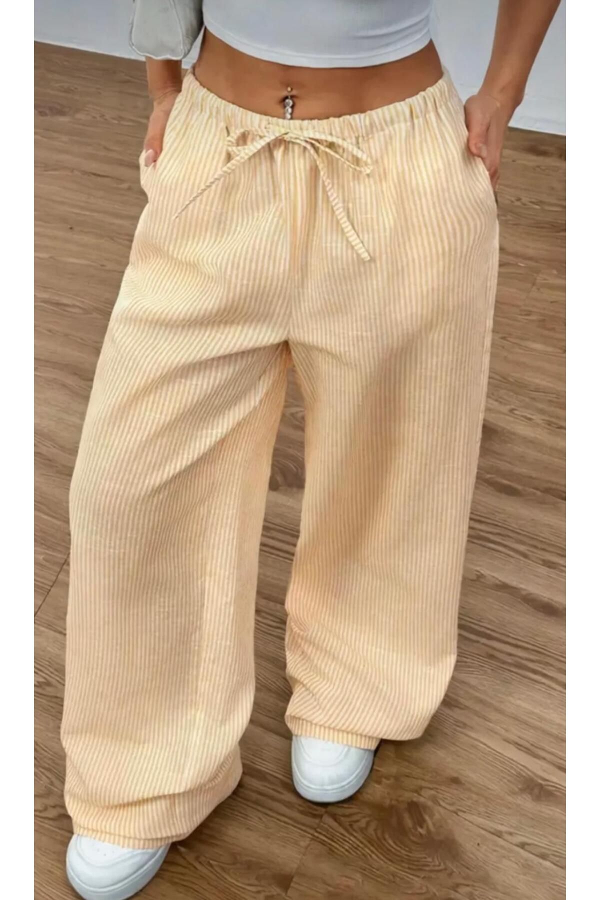 YS BUTİK BELİ AYARLANABİLİR ÇİZGİLİ PANTOLON