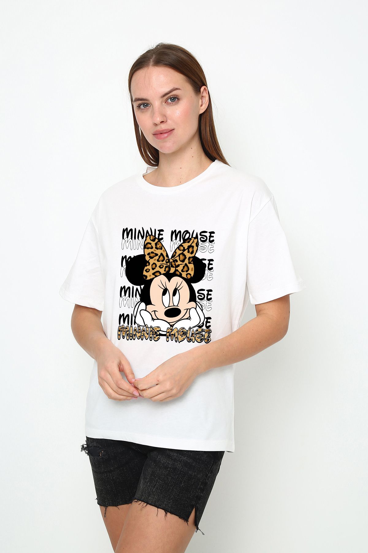 Oasis kadın oversize leopar fiyonklu minnie baskılı bisiklet yaka t-shirt