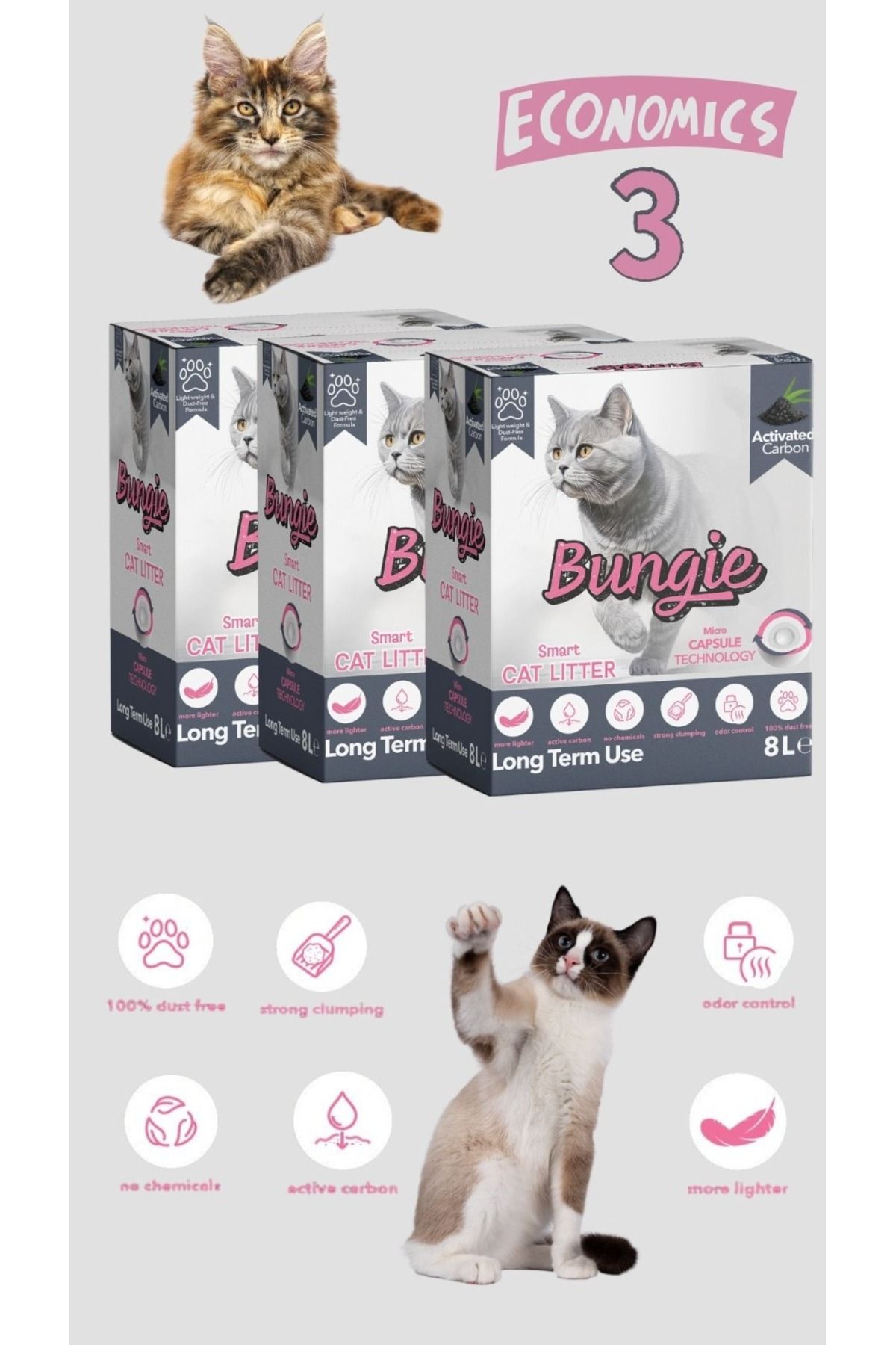 Bungielitter BUNGİE AKILLI KEDİ KUMU AKTİF KARBONLU HIZLI TOPAKLANAN TOZSUZ ULTRA HAFİF 8 LT x 3 ADET