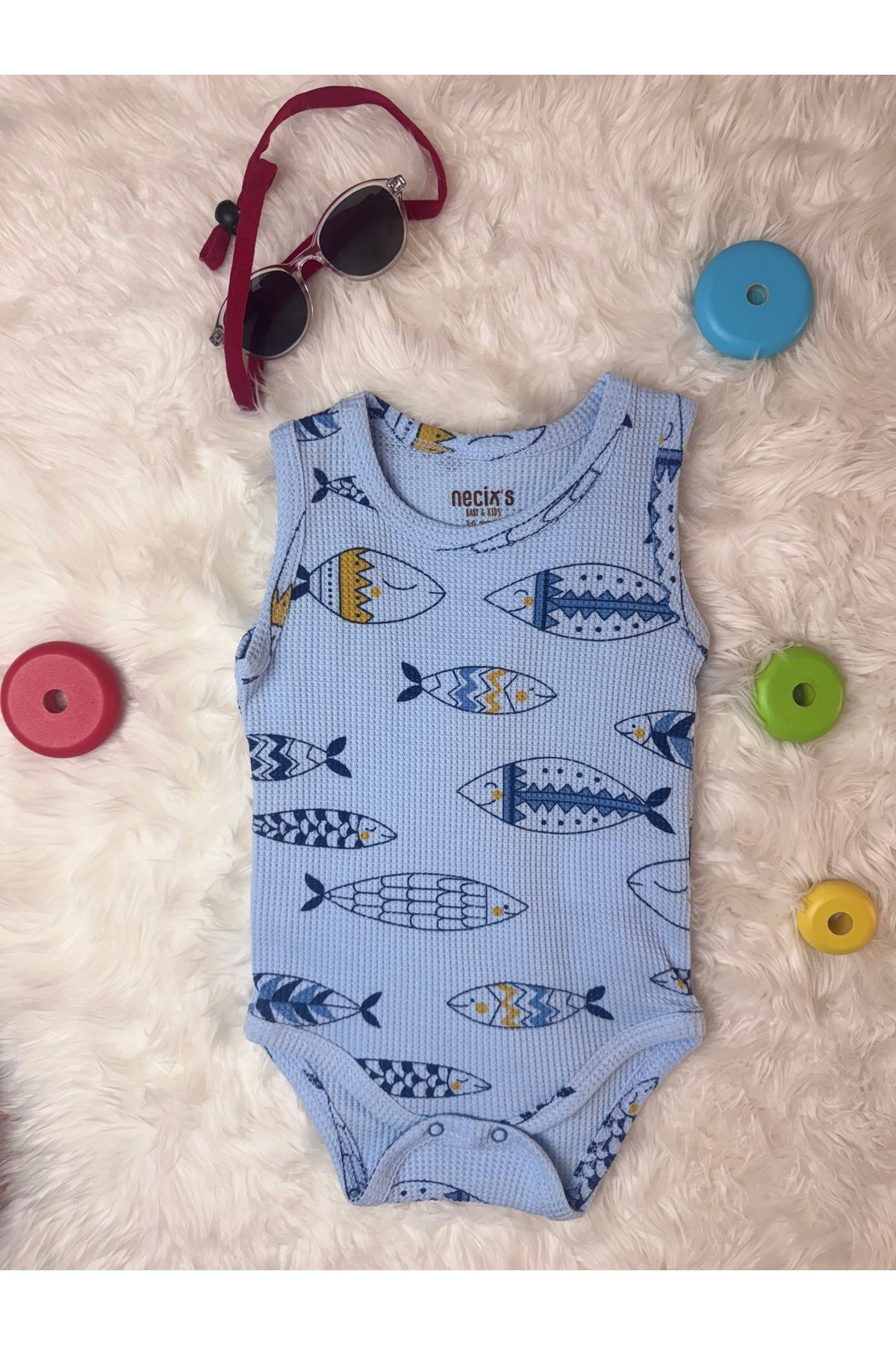 Necix's 🐟 Balık Desenli Waffle kumaş Bebek Zıbın – Mavi / %100 Pamuk