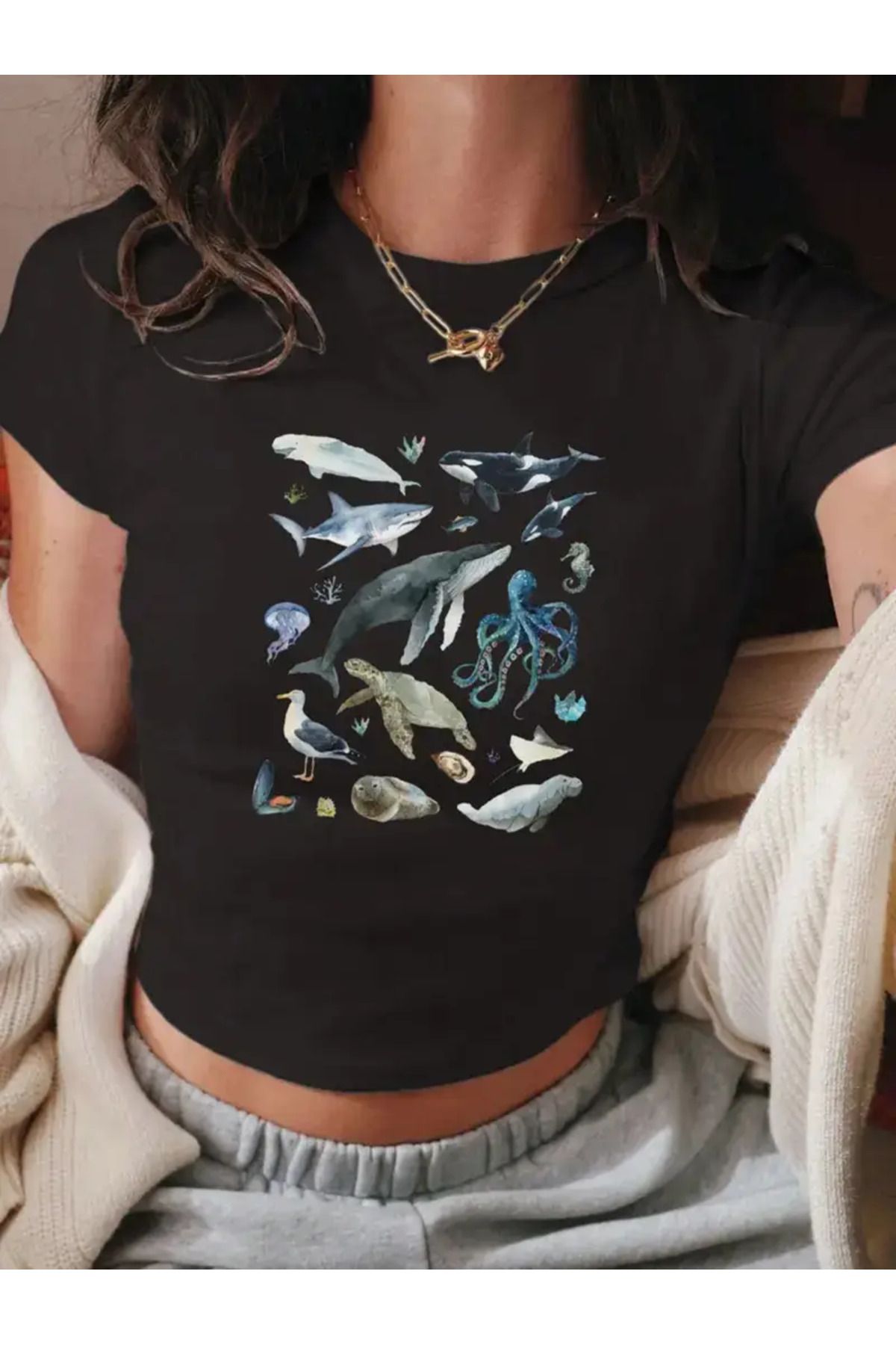 JANSO GROUP -KADIN CROP TSHIRT DENİZ BASKILI PAMUKLU 01