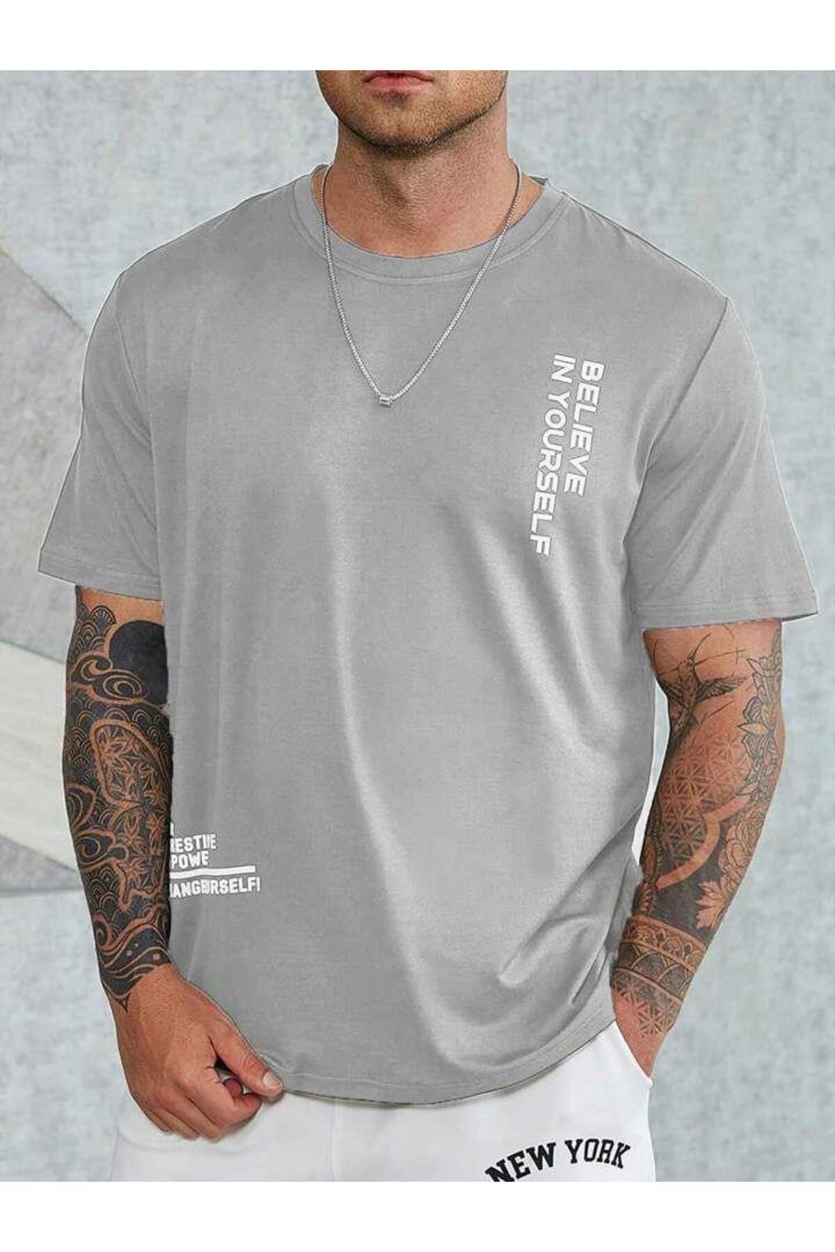 ModaSphere Erkek Nardo Gri Oversize Believe In Yourself Baskılı Tshirt