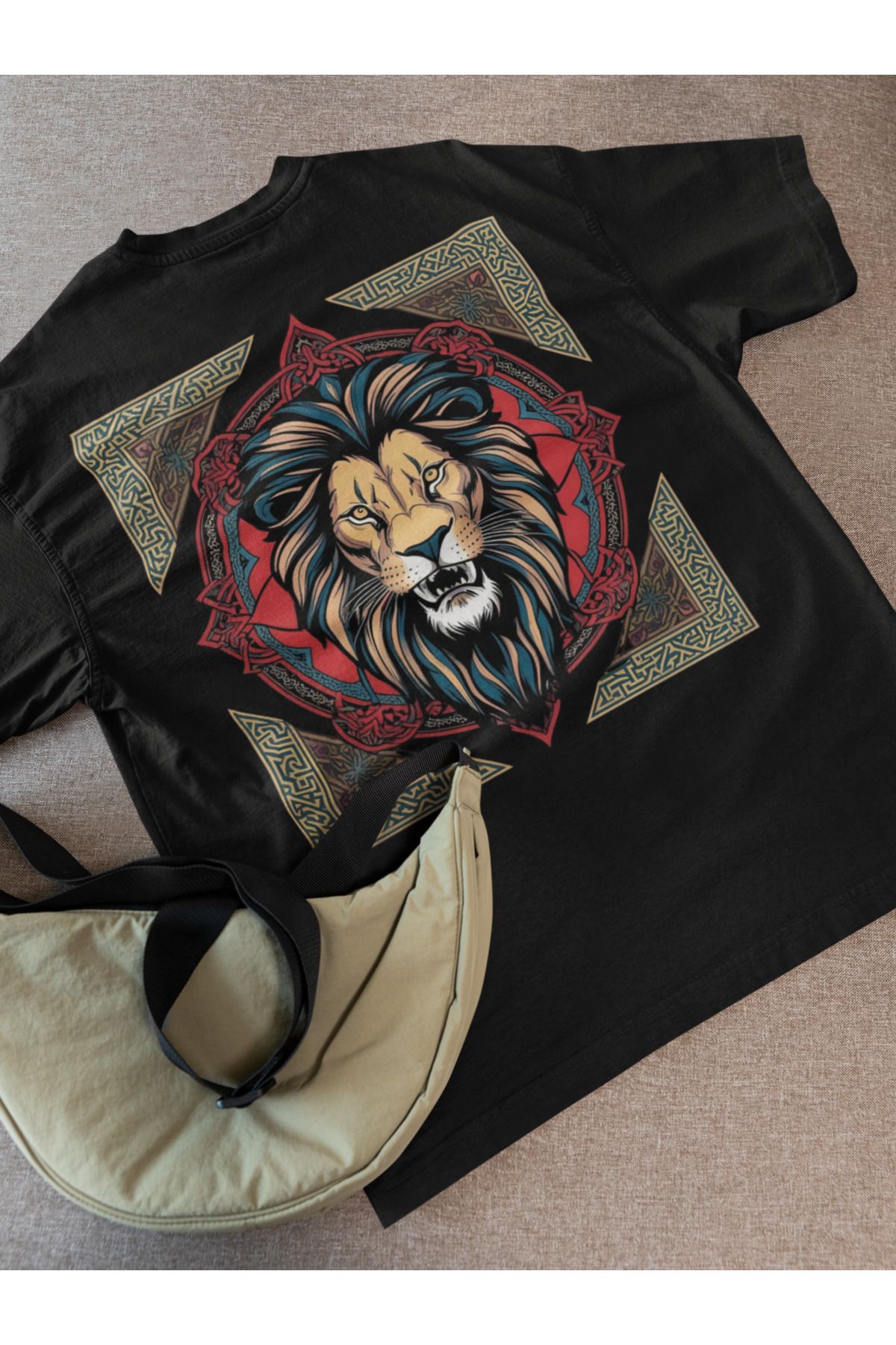 Lyonis Erkek Oversize Beyaz Aslan Baskılı Bisiklet Yaka Penye T-Shirt