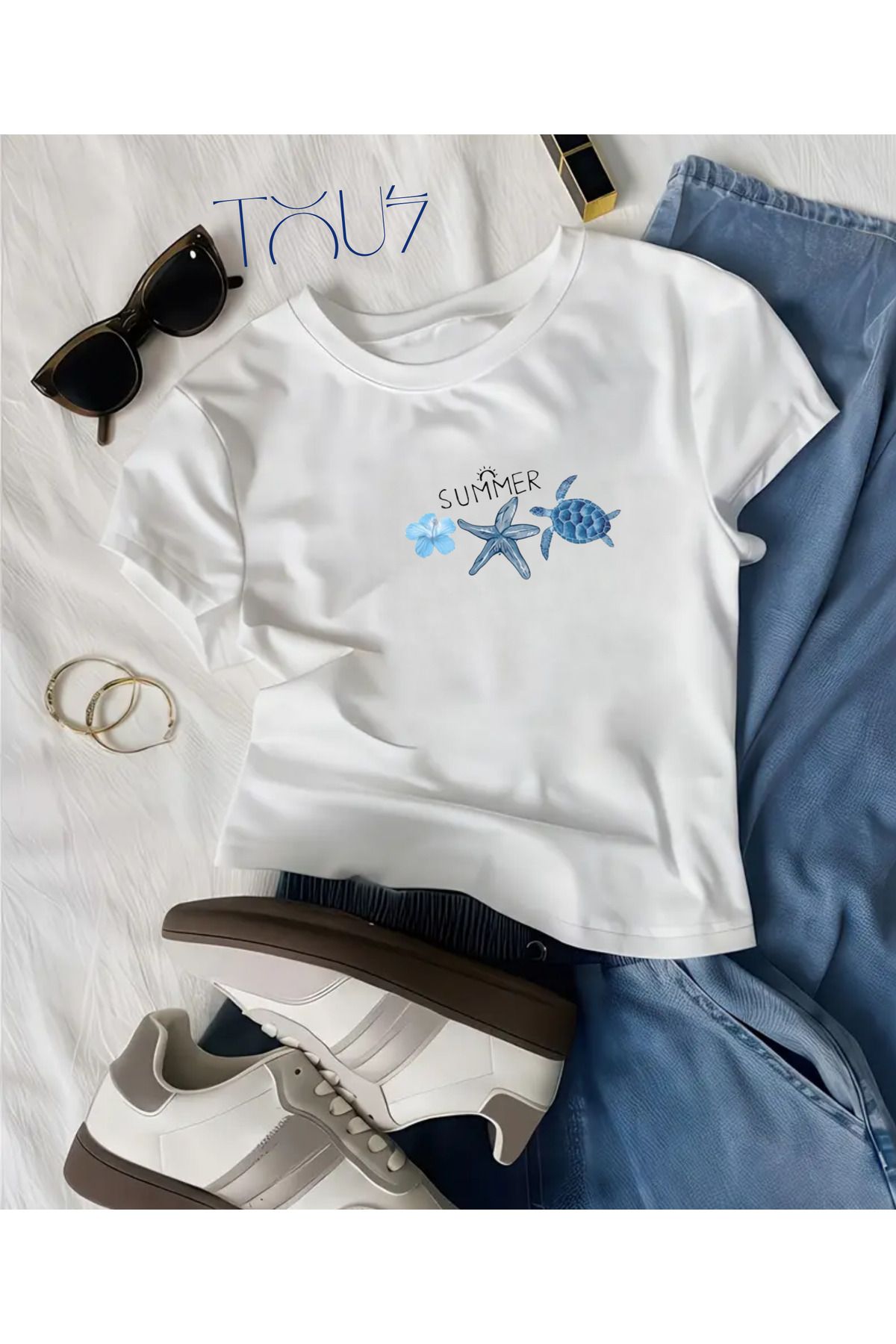 Touz Moda Kemer Boy Summer Baskılı Crop Bluz