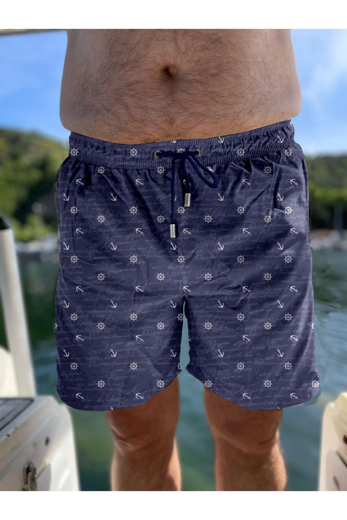 Miami Beach Lacivert Marin Desenli Büyük Beden Standart Boy Erkek Mayo Deniz Şortu 271