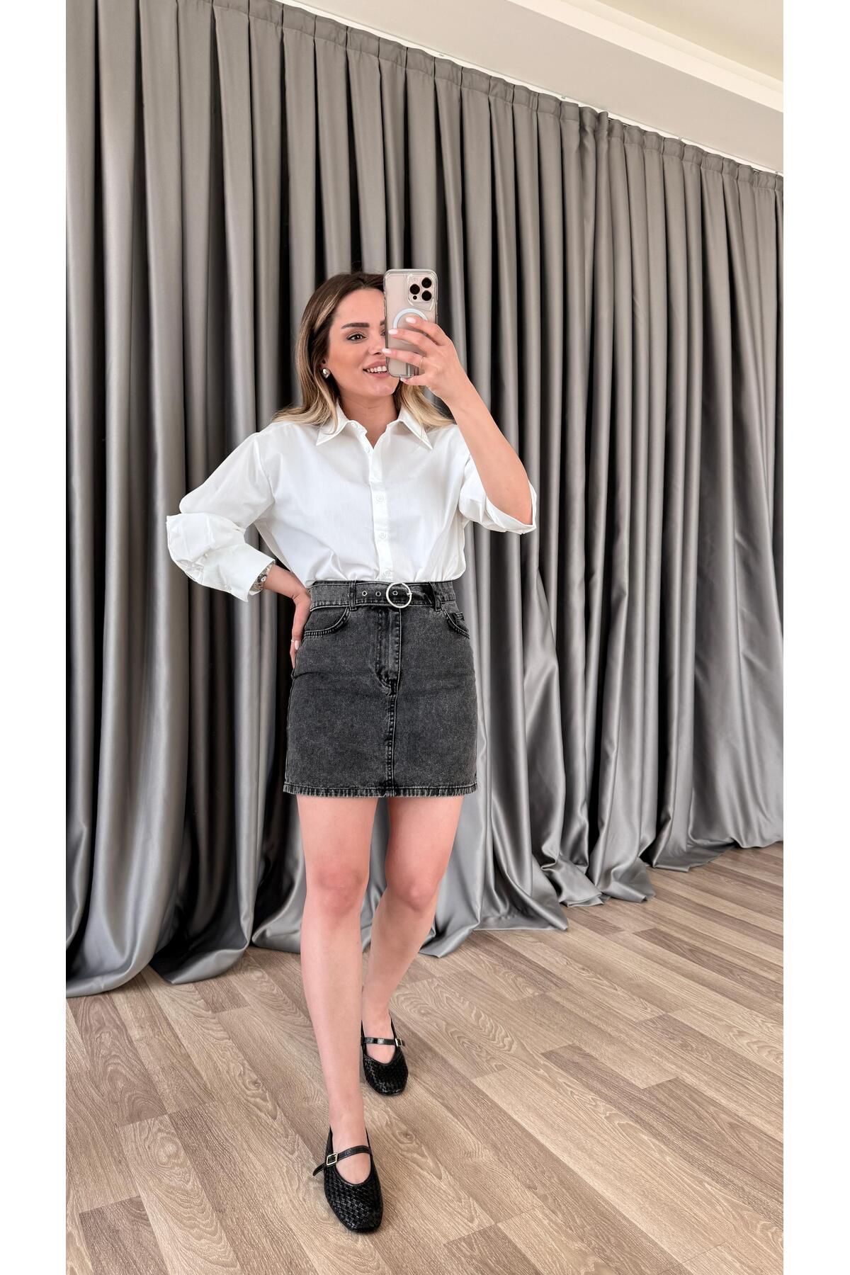 pelin yıldız butik Stayc Kemerli Denim Etek