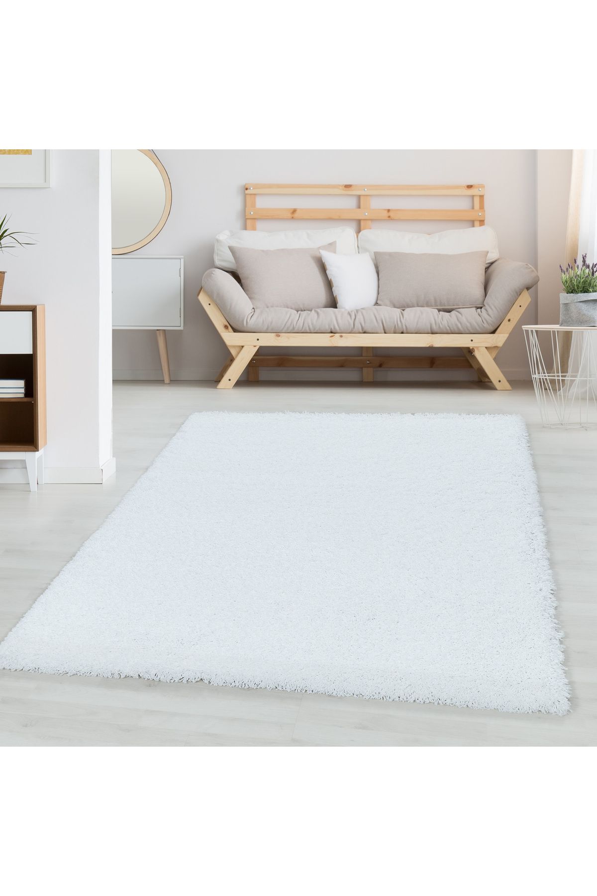 Karpetica Yuvarlak Shaggy Salon halısı yumuşak yüksek havlı düz beyaz renkli Dokuma Halı