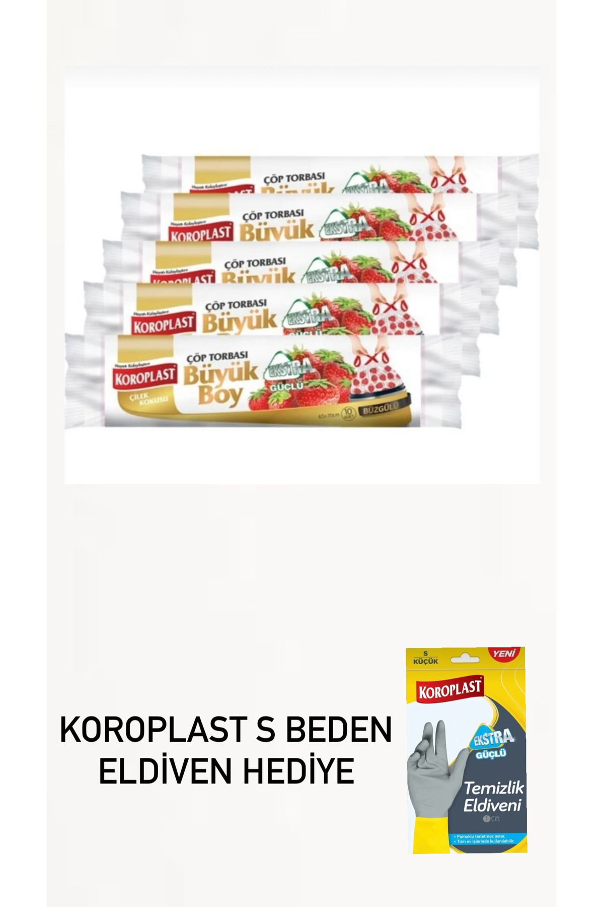 Koroplast 5 Adet büyük boy çöp poşeti çilekli koroplast ekstra güçlü S beden eldiven hediye