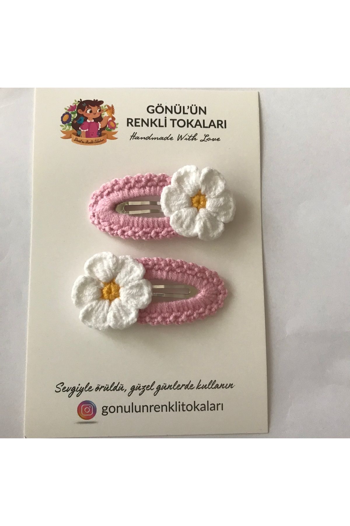 Gönülden Aksesuar 5cm oval metal çıt çıtlı el örgüsü renkler pembe ortası sarı,beyaz papatya toka çocuklar için