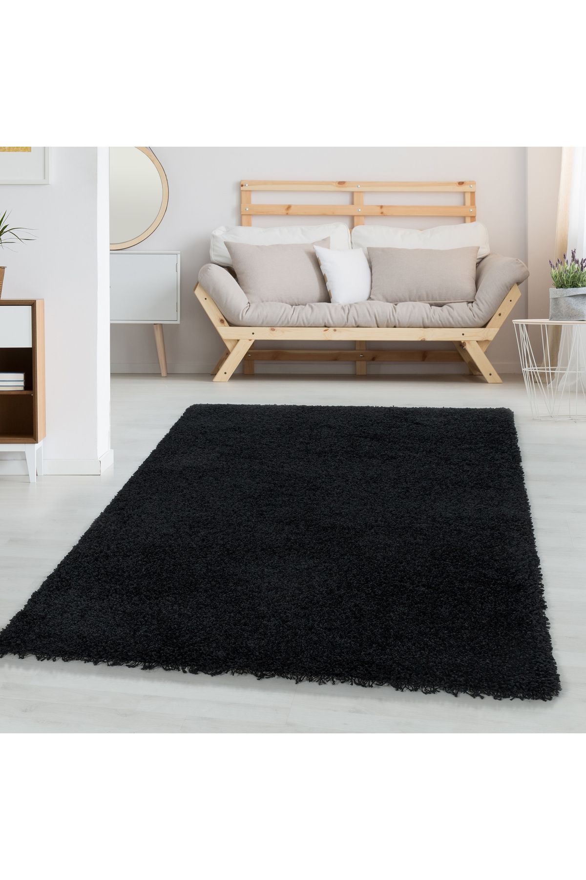 Karpetica Yuvarlak Shaggy Salon halısı yumuşak yüksek havlı düz Siyah renkli Dokuma Halı