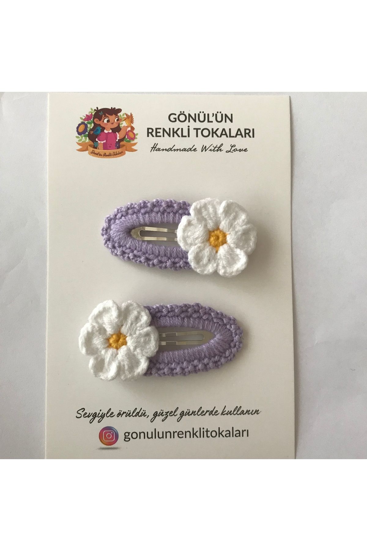 Gönülden Aksesuar 5cm oval metal çıt çıtlı el örgüsü renkler lila ortası sarı,beyaz papatya toka çocuklar için