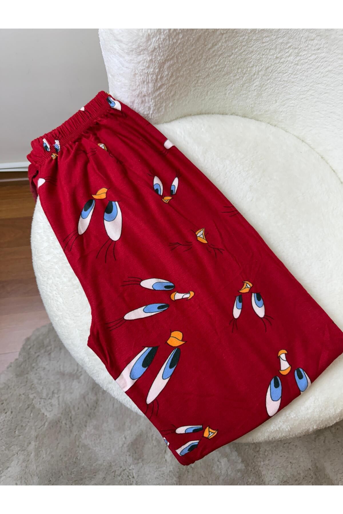 Bahar Altundemir Kadın Kırmızı Tweety Desenli Süet Tek Alt Pijama Yumoş Uzun Pijama Altı