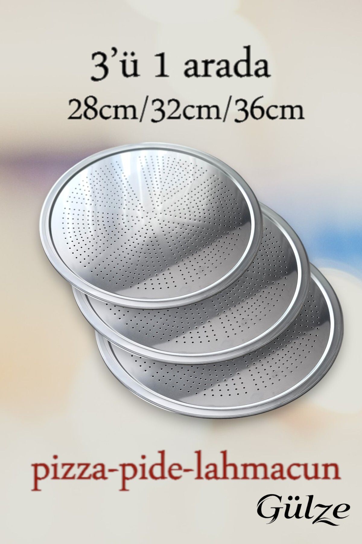 Maglor 3 Adet Paslanmaz Çelik Pizza-Pide-Lahmacun Tepsileri / Pişirme ve Sunum Tepsileri (28/32/36 cm)