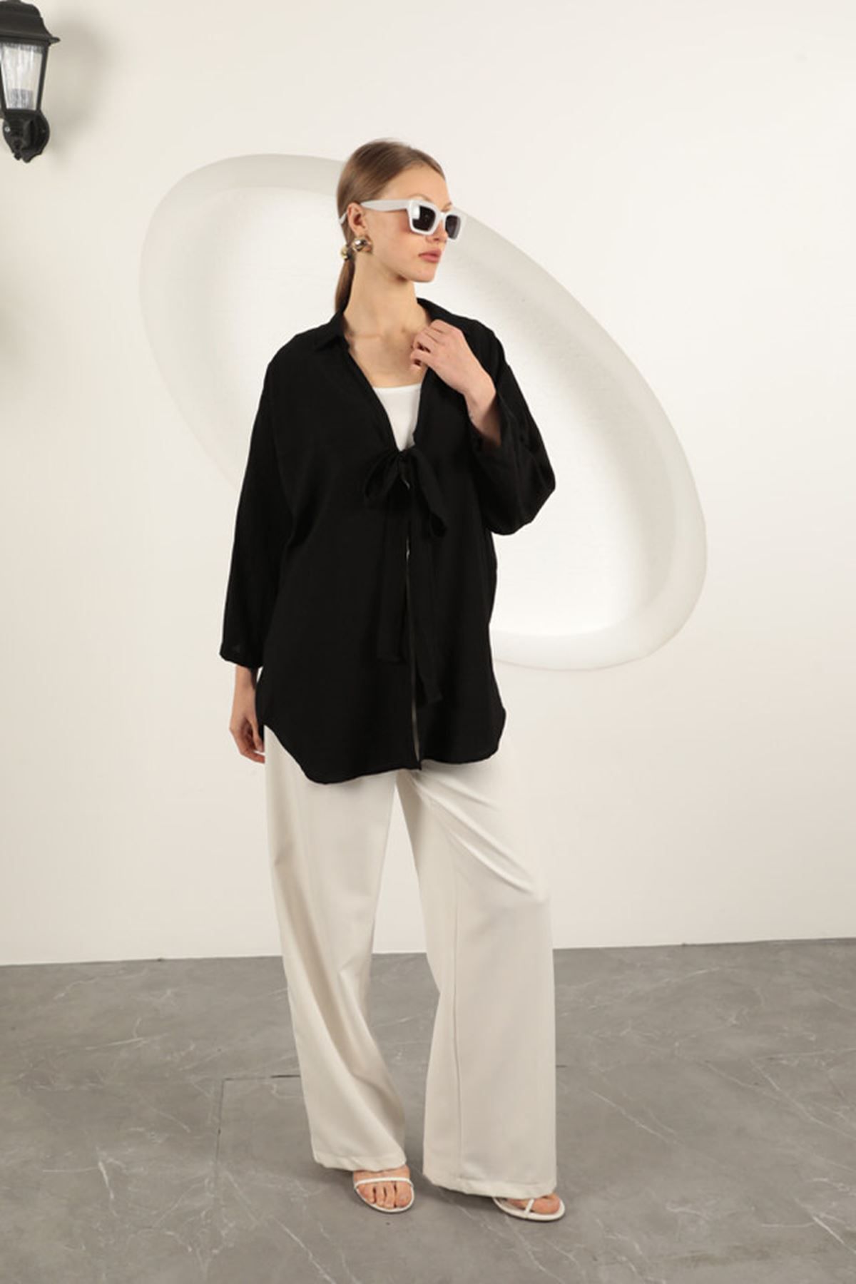 delta online Ağaç Kabuğu Kumaş Kimono-Siyah - M