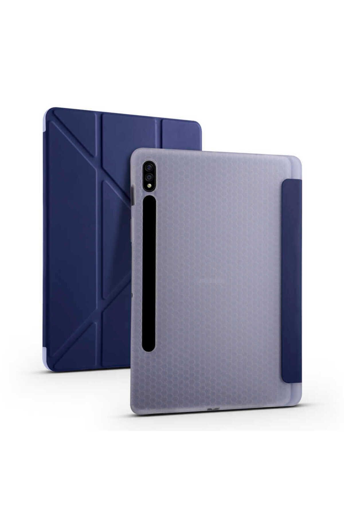 Teknodur Galaxy Tab S7 Plus T970 Kılıf Uyumlu TKDR Tri Folding Kalem Bölmeli Standlı Kılıf-Lacivert