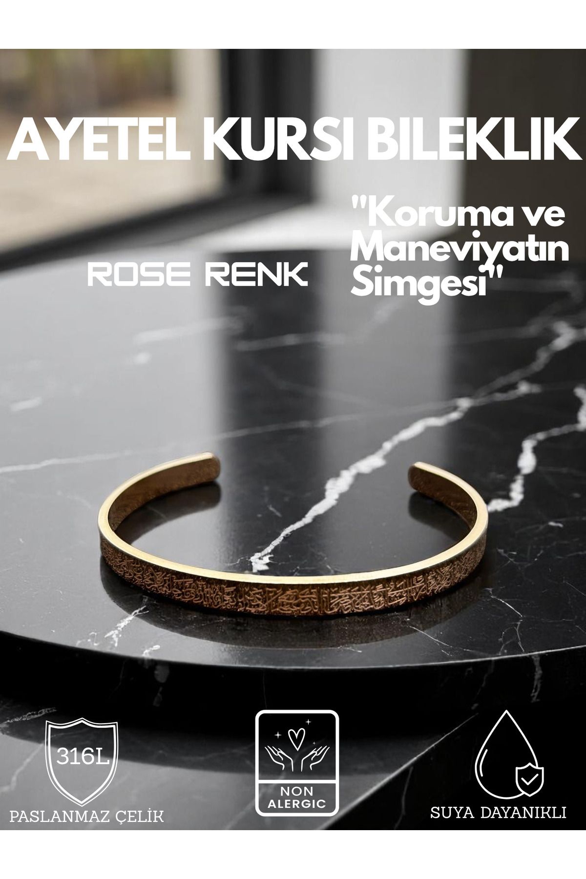 KT AKSESUAR Ayetel Kürsi Yazılı Bileklik Rose Renk Paslanmaz Çelik Ayarlanabilir Erkek/Kadın Bileklik