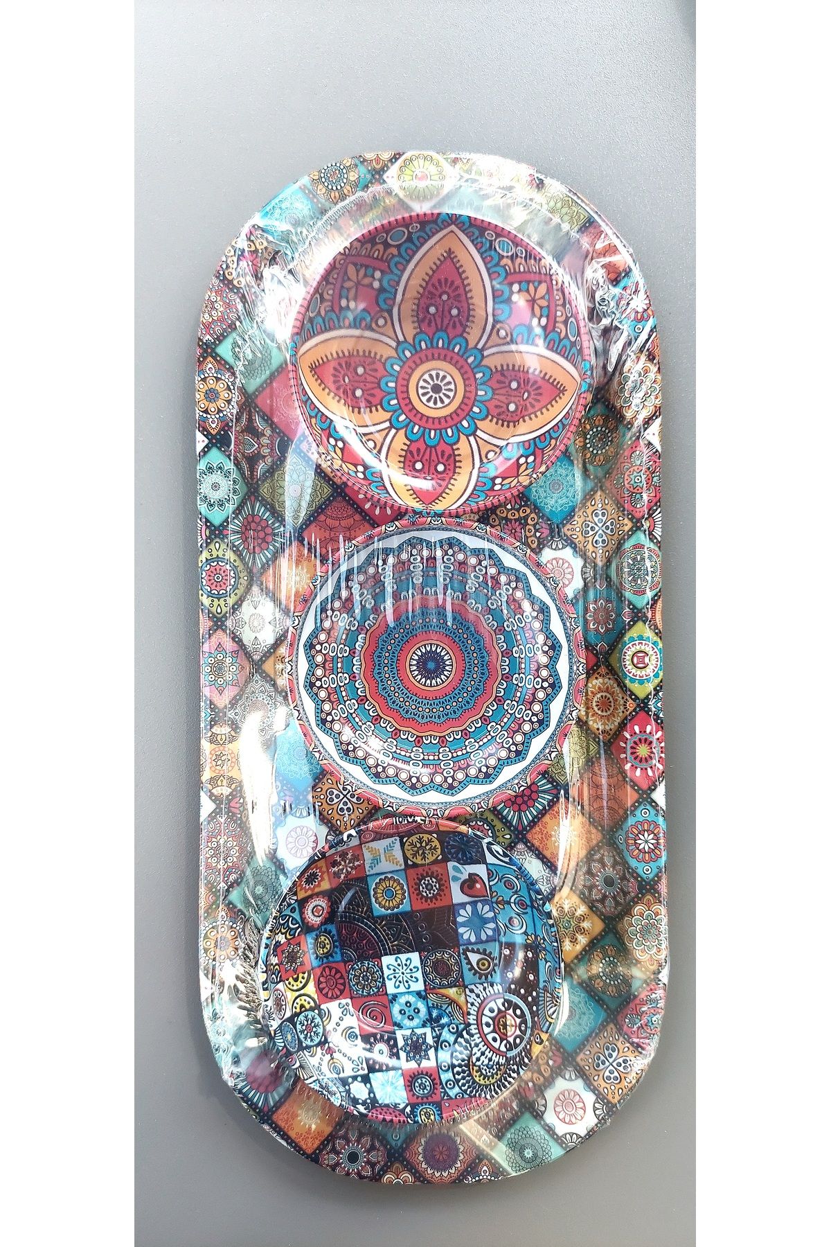 CADDEPREMIUMS Metal Mandala tepsi ve 3 adet mandala çerezlik