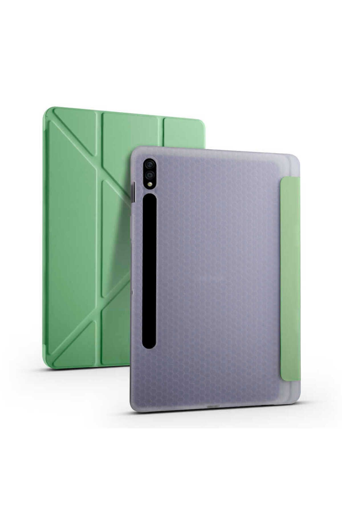 Teknodur Galaxy Tab S7 Plus T970 Kılıf Uyumlu TKDR Tri Folding Kalem Bölmeli Standlı Kılıf-Açık Yeşil