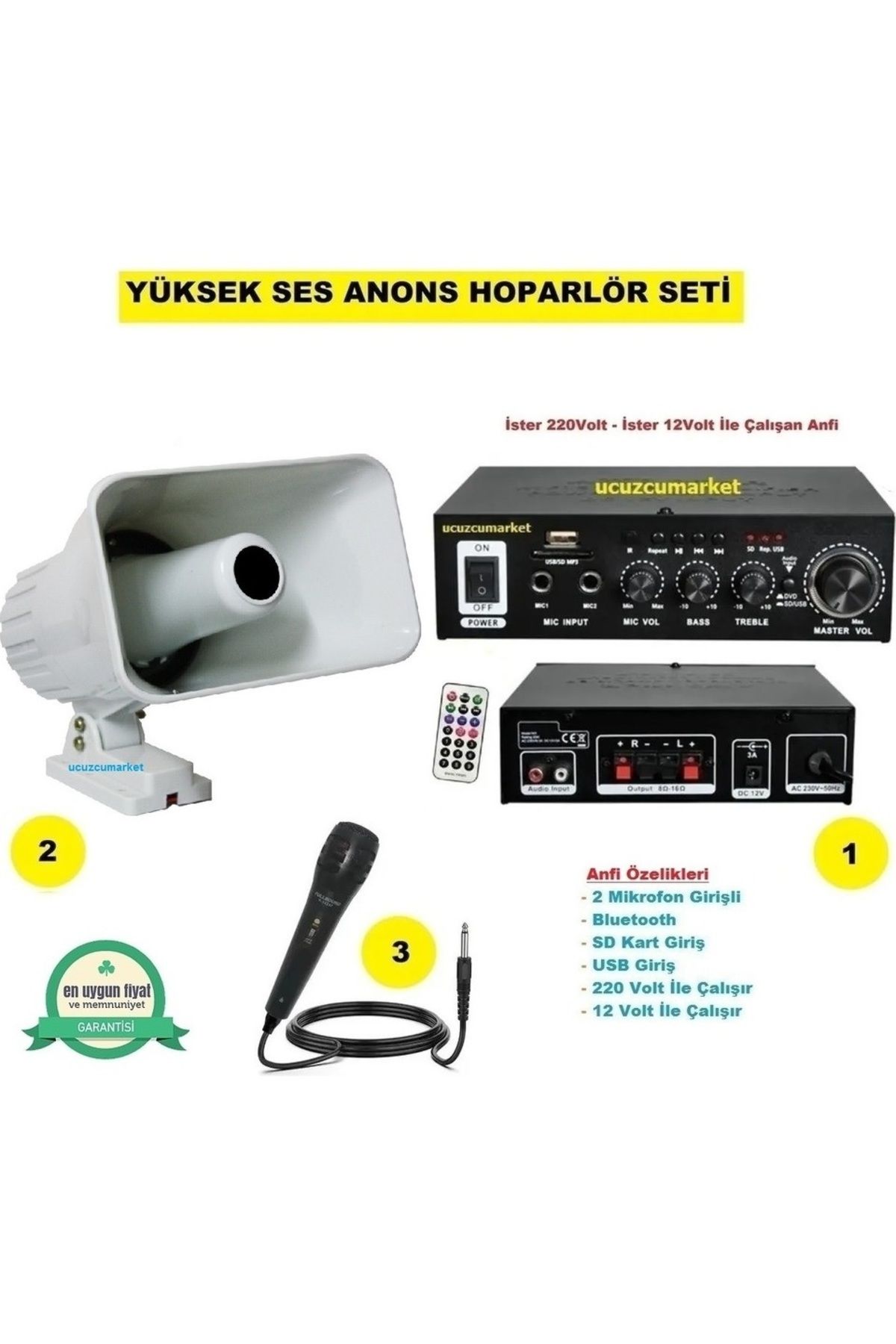 Uygun Pazarcı Anons Hoparlör Seti Yüksek Ses Horn Hoparlör Mikrofon USB Sd Kart Girişli Mobil Amfi