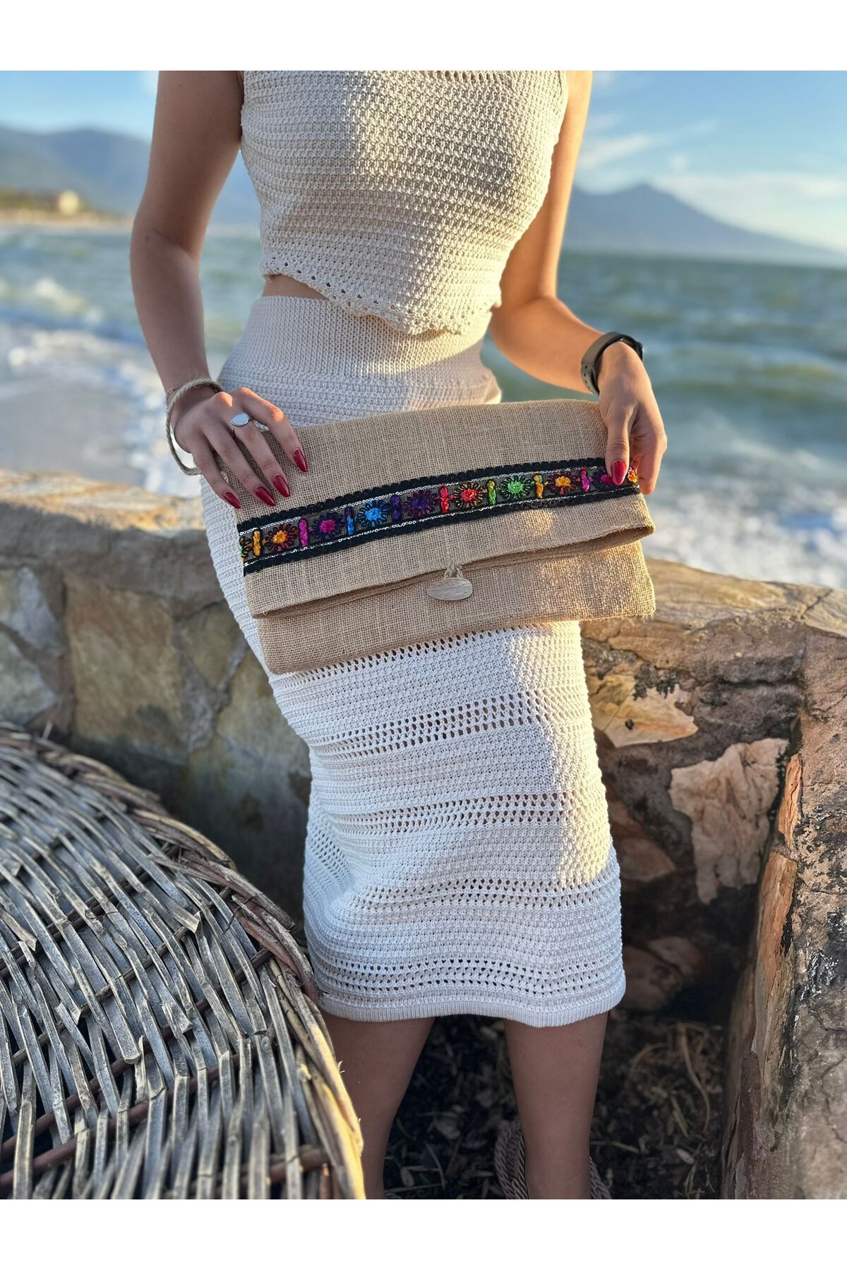 Myra Kadın Renkli Çiçek Detaylı Bohem Jüt Portföy&clutch Çanta
