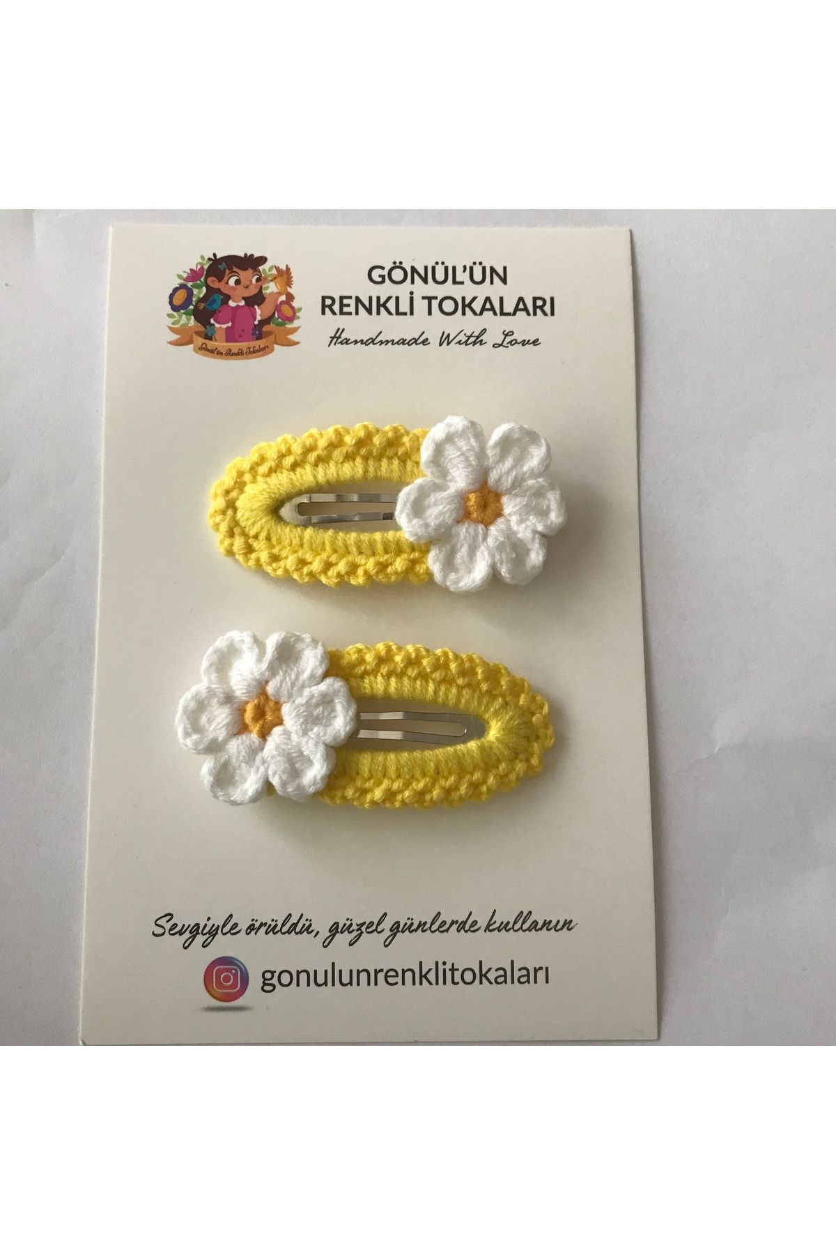Gönülden Aksesuar 5cm oval metal çıt çıtlı el örgüsü renkler limon sarısı ortası sarı,beyaz papatya toka çocuklar için