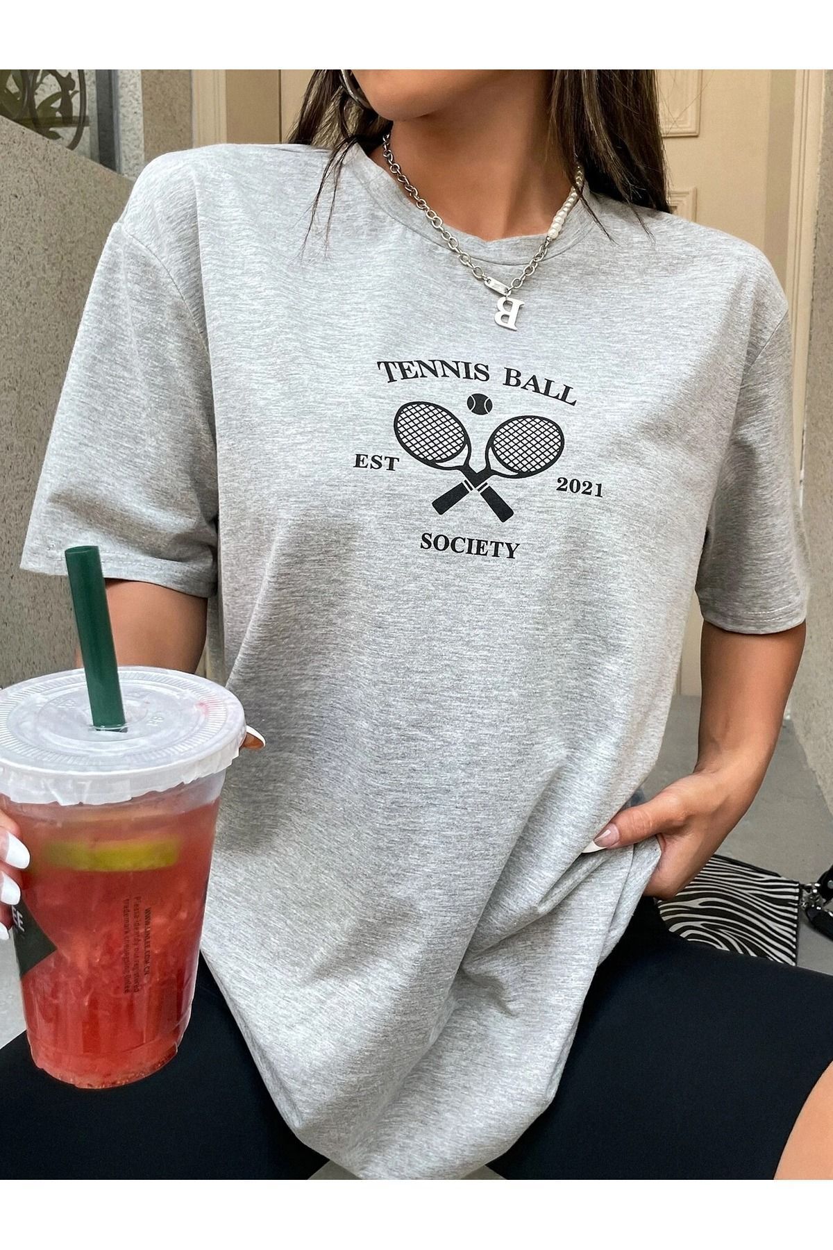 Hunors Sportswear & Company Tennis Ball T-Shirt - Gri Baskılı Oversize Bisiklet Yaka Kısa Kol