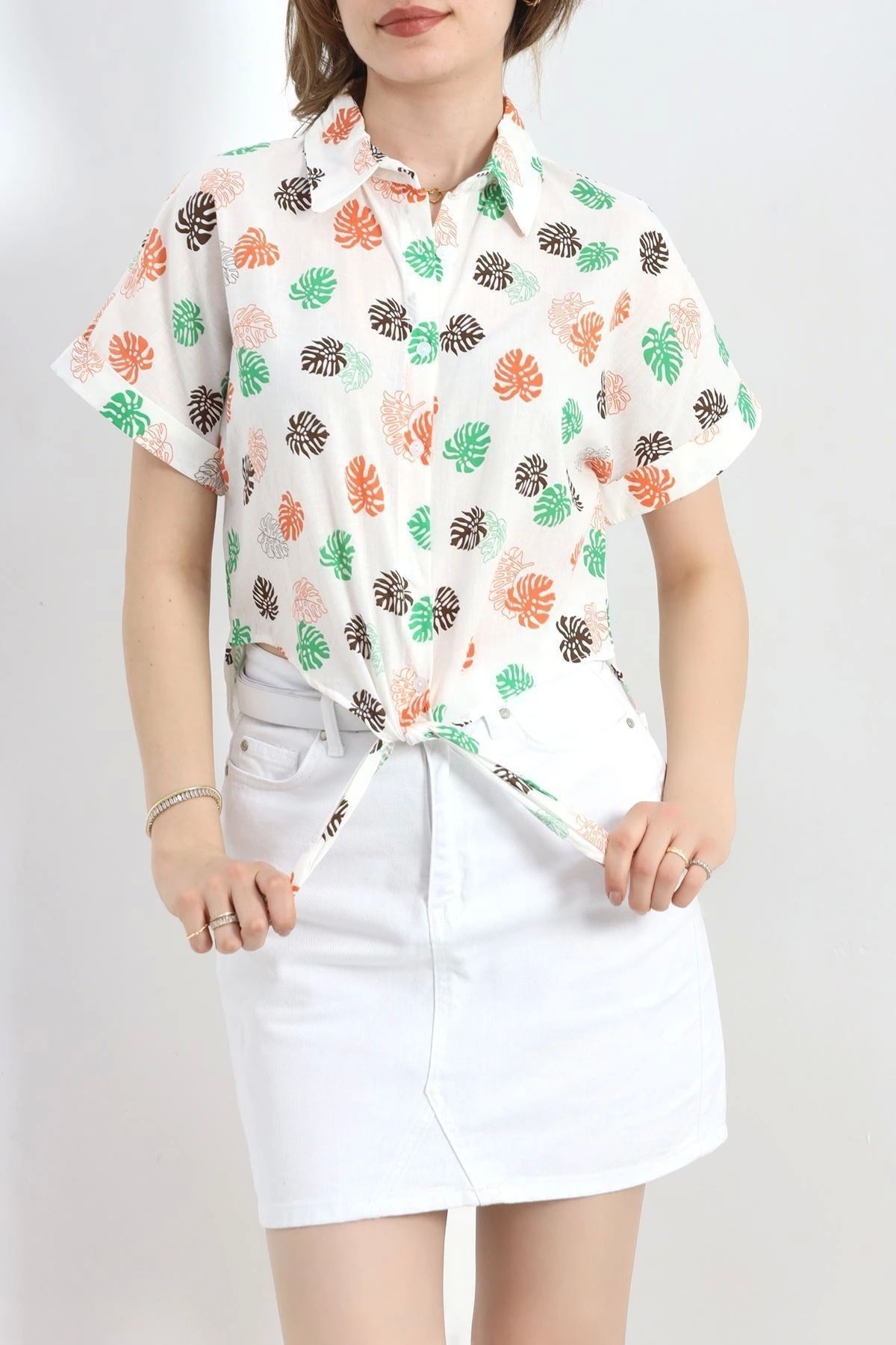 OurStyles Bağlamalı Kısa Kollu Gömlek Beyazturuncu - 40179.1942.