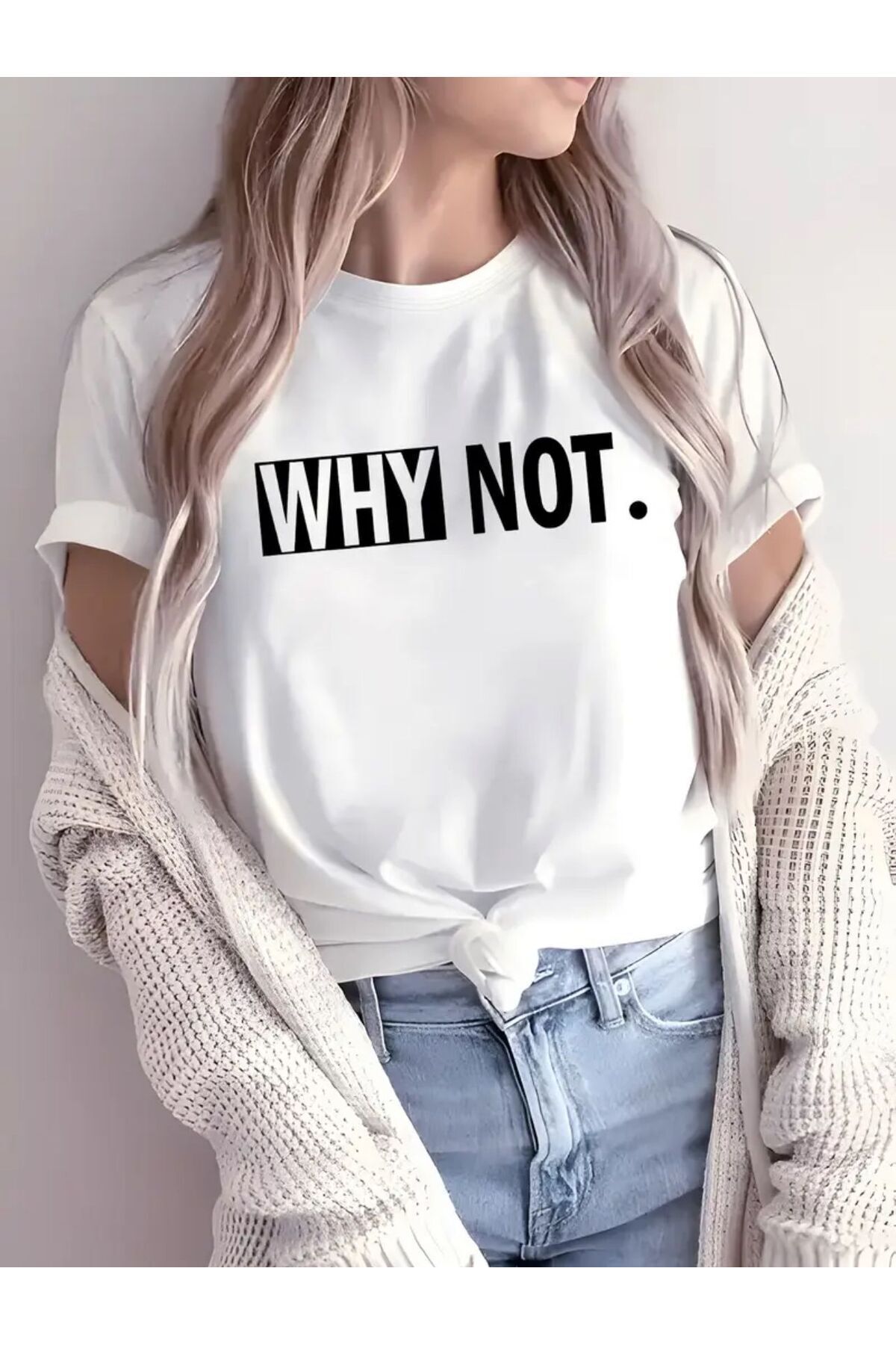 warn Beyaz Why Not T-Shirt - Baskılı Oversize Bisiklet Yaka Kısa Kol