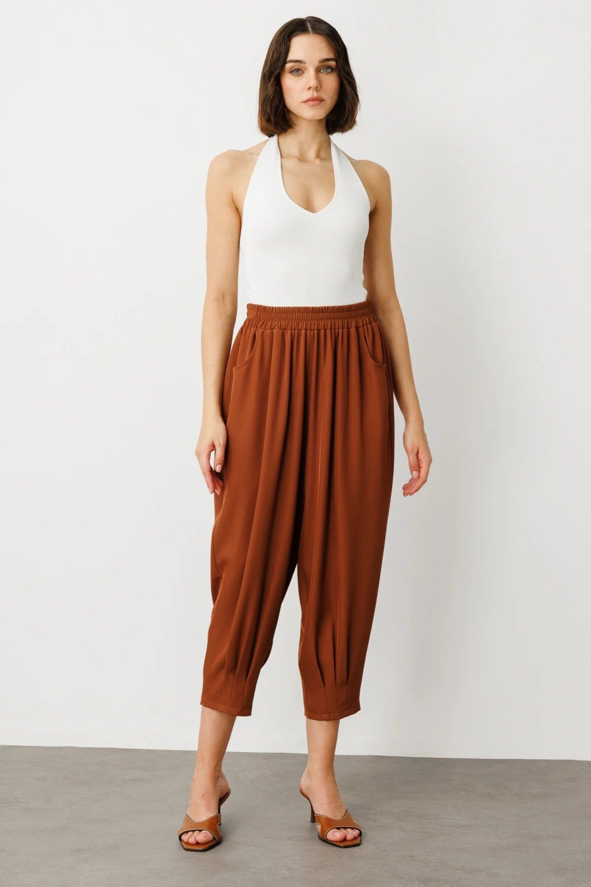 ON Paçası Pileli Şalvar Pantolon Mocha 54143