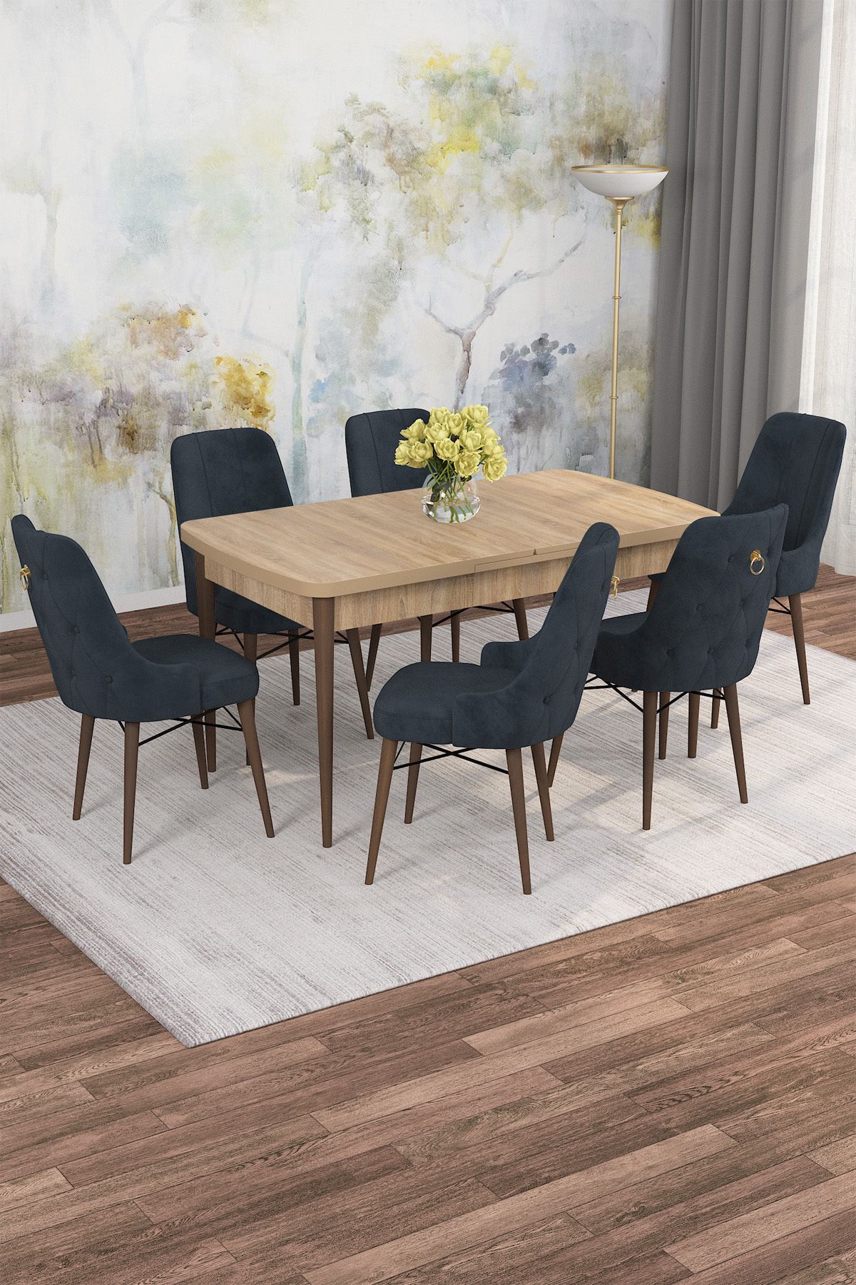 asaella mobilya Meyu Serisi 80x132 Açılabilir MDF Meşe Masa Takımı 6 Antrasit Sandalye Kahve Ayak