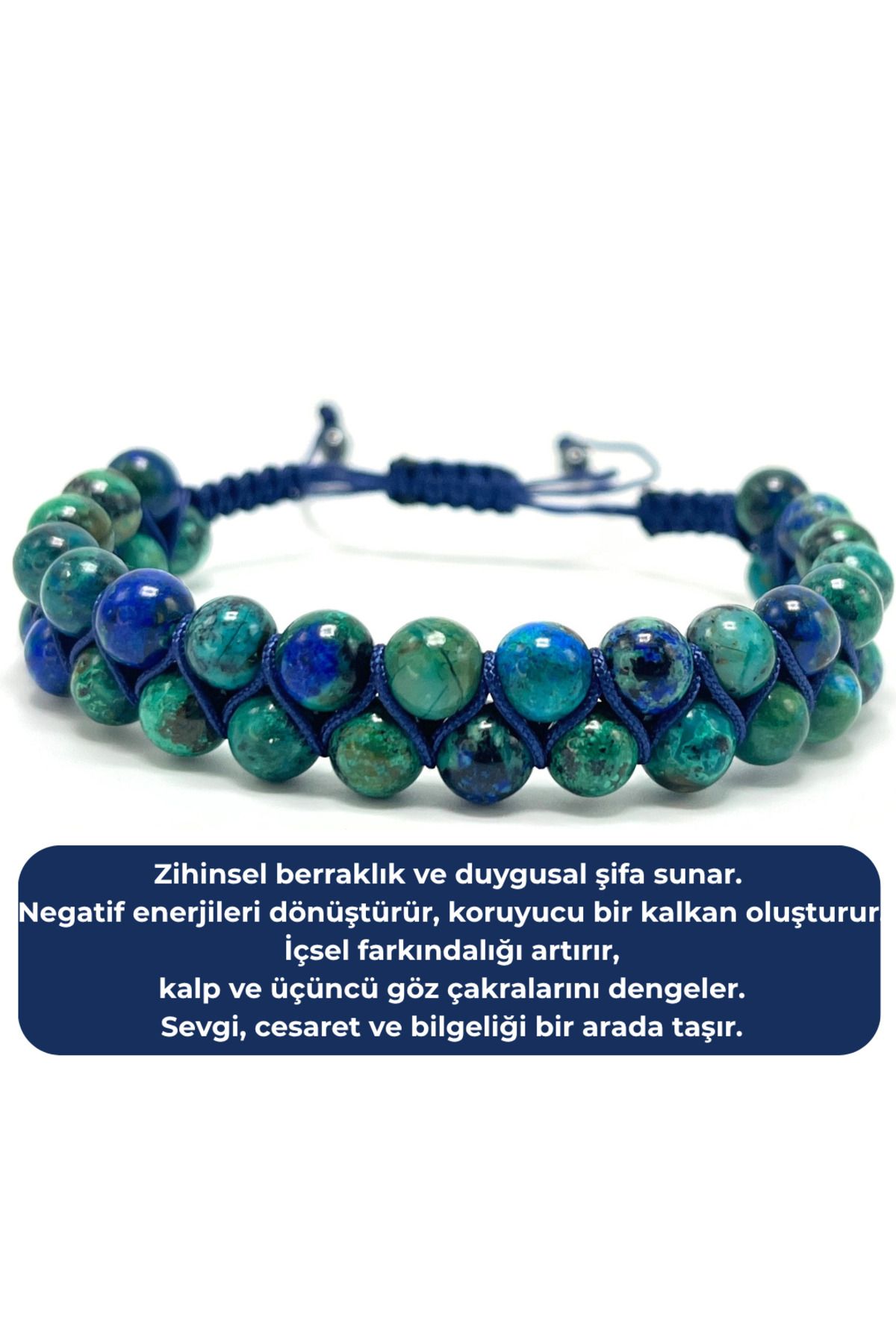 YILDIZ DOĞAL TAŞ SERTİFİKALI Azurit Malakit Çift Sıra Doğal Taş Makrome Bileklik Ayarlanabilir Ölçü