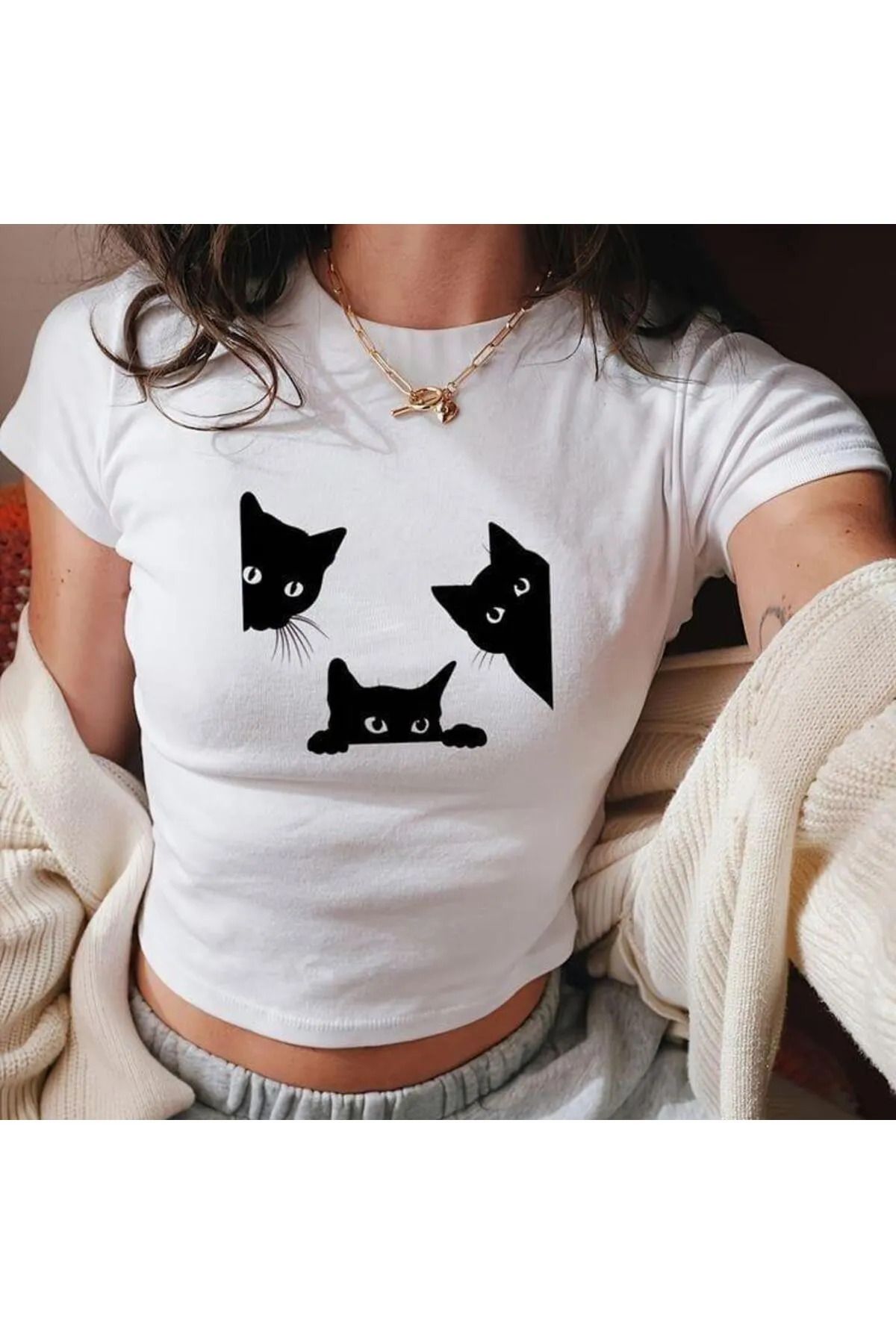 1blood Kemer Boy Black Cat Baskılı Crop Bluz