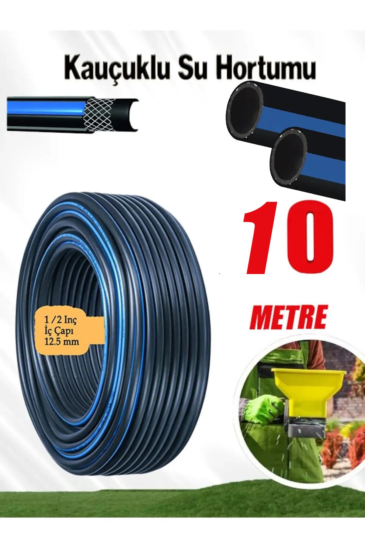 nublado Dayanıklı 10 Metre 3 Katlı Sağlam Termo Kauçuklu Bahçe Su Hortumu Sulama Yıkama Hortum 12.5 mm 1/2"M